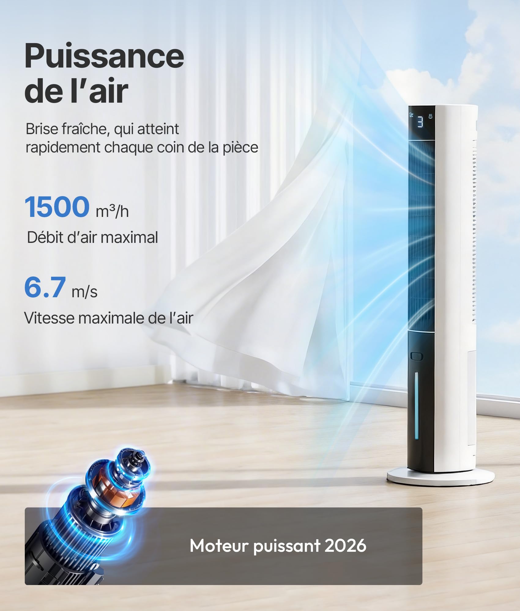 Rafraichisseur d'Air Silencieux- Alternative Auclimatiseur Mobile Sans Évacuation,3 Modes, Oscillation 75°, Minuterie 12H, Télécommande, Fonction Arôme, Blanc