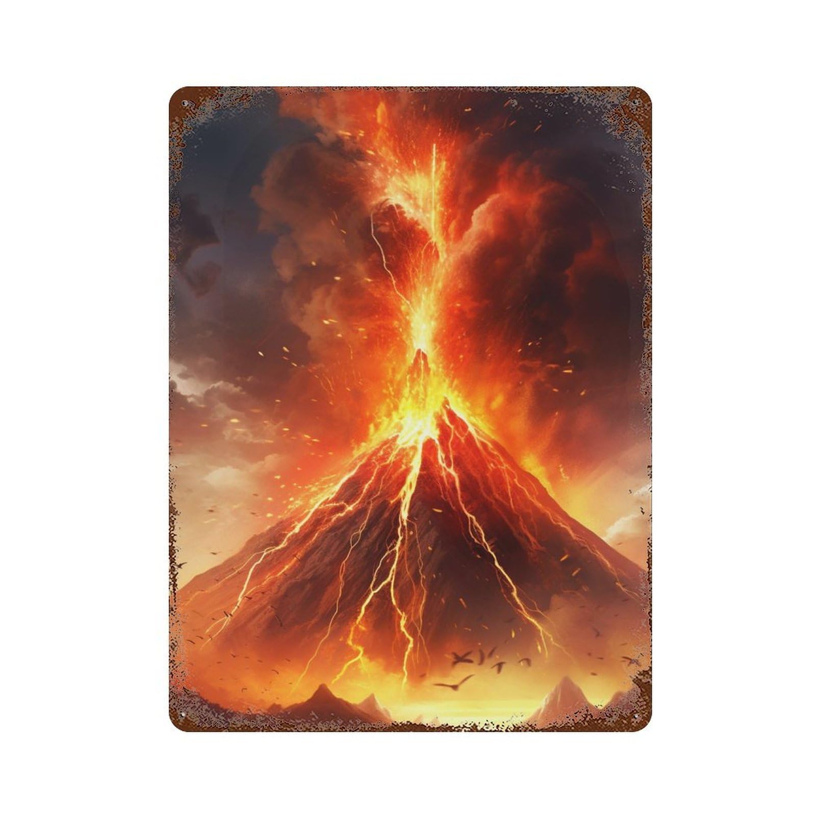 Distressed Metal Wall Sign with Volcano Eruption Scene-3 Design 15.7"x11.8", for Garage, Bar And Workshop Decor, Vintage Wall Decor