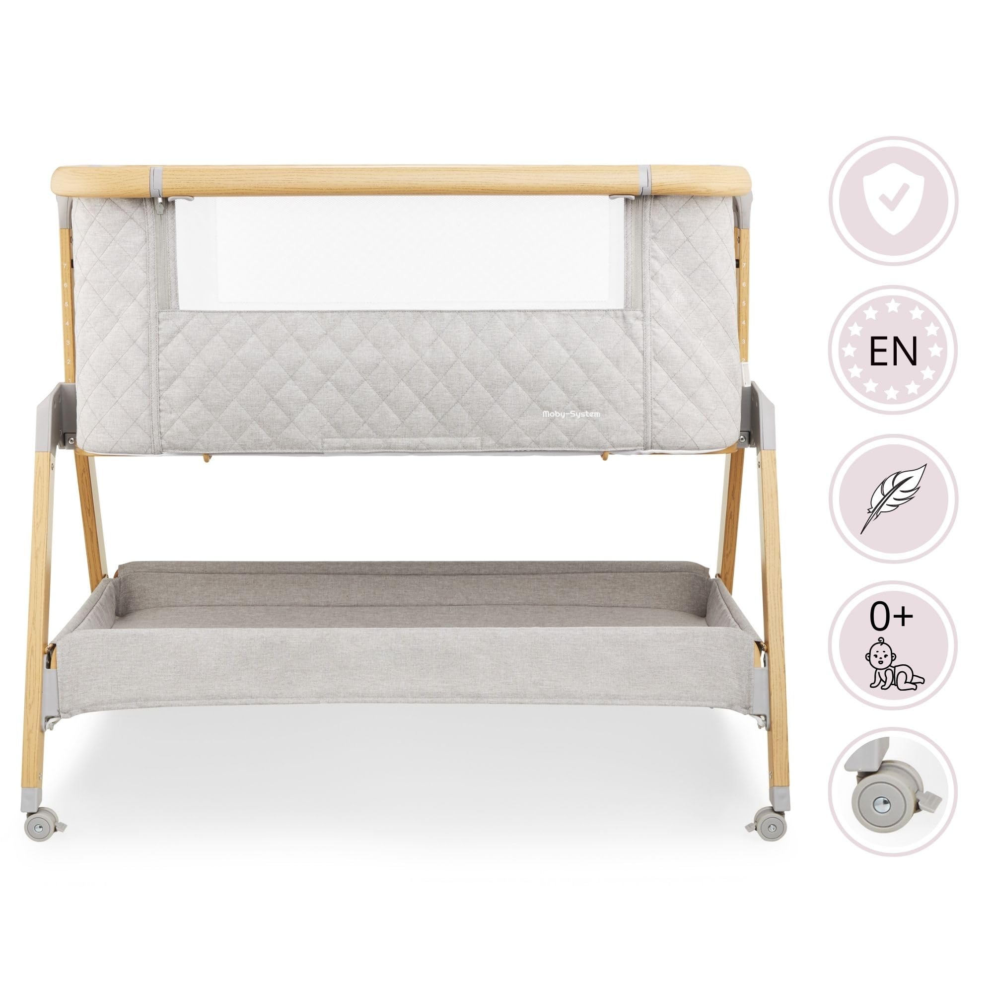 Moby-System Dreemy Lit SupéRieur 3 en 1 - Berceau Pliable avec Couffin Bebe - Hauteur 7 Niveaux, roulettes Transport, ÉTagère sous Lit - pour Enfants jusqu'à 9 kg