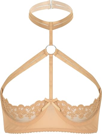 dPois Women See Through Lace 1/4 Cups Balconette Strappy Choker Bralette Underwire Shelf Bra Tops
