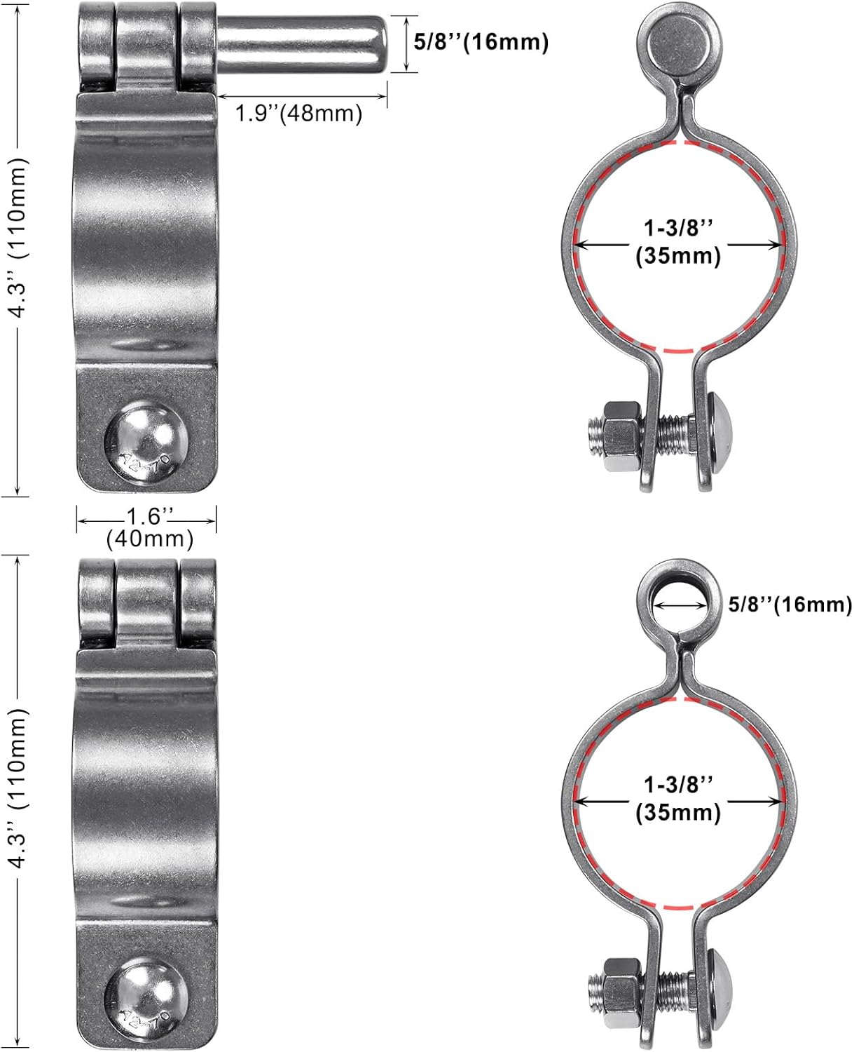 Insaga 1-3/8'' Chain Link Fence Gate Post Hinge Kit, Thick SUS304 Chain Link Fence Parts Includes Female Gate Hinge (2pcs) and Male Gate Hinges (2pcs), Heavy Duty Gate Hinges up to 500LB (2 Pairs)