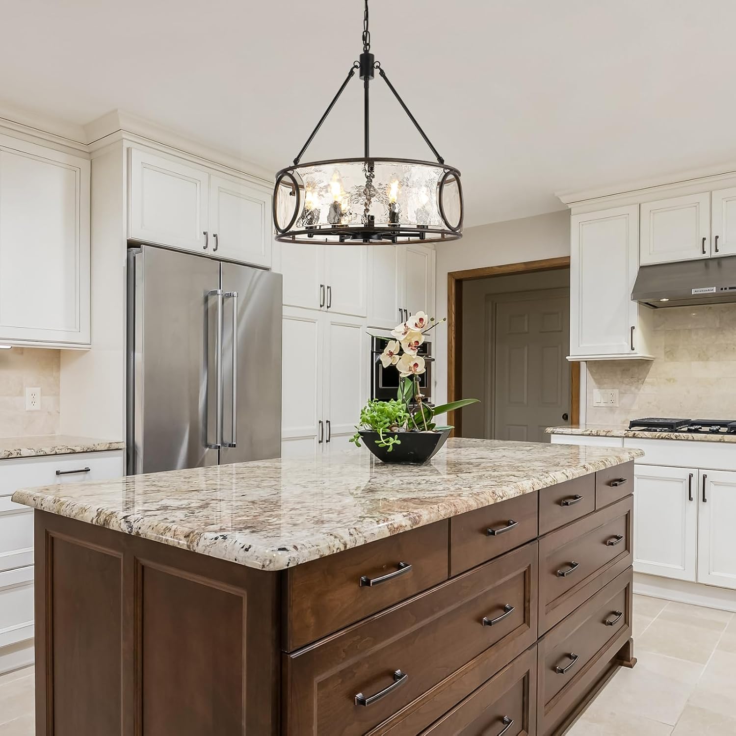 6-Light Farmhouse Glass Chandelier Over Table, Black & Wood Grain Modern Drum Chandelier for Dining Room, 19.5" Industrial Light Fixture for Kitchen Island, Living Room, Entryway, Foyer, Bedroom