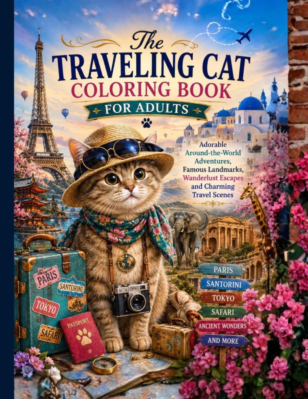 The Traveling Cat Coloring Book for Adults: Adorable Around-the-World Adventures, Famous Landmarks, Wanderlust Escapes and Charming Travel Scenes