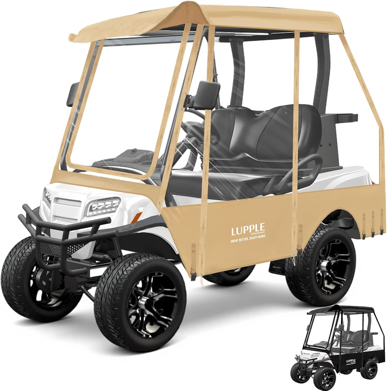 Golf Cart Enclosure for EZGO TXT/RXV, Club Car DS/Precedent, Evolution, Yamaha Drive, 2 4 Passenger Short Roof, 600D Waterproof Rain Cover with Clear PVC and 4 Roll-Up Zipper Doors