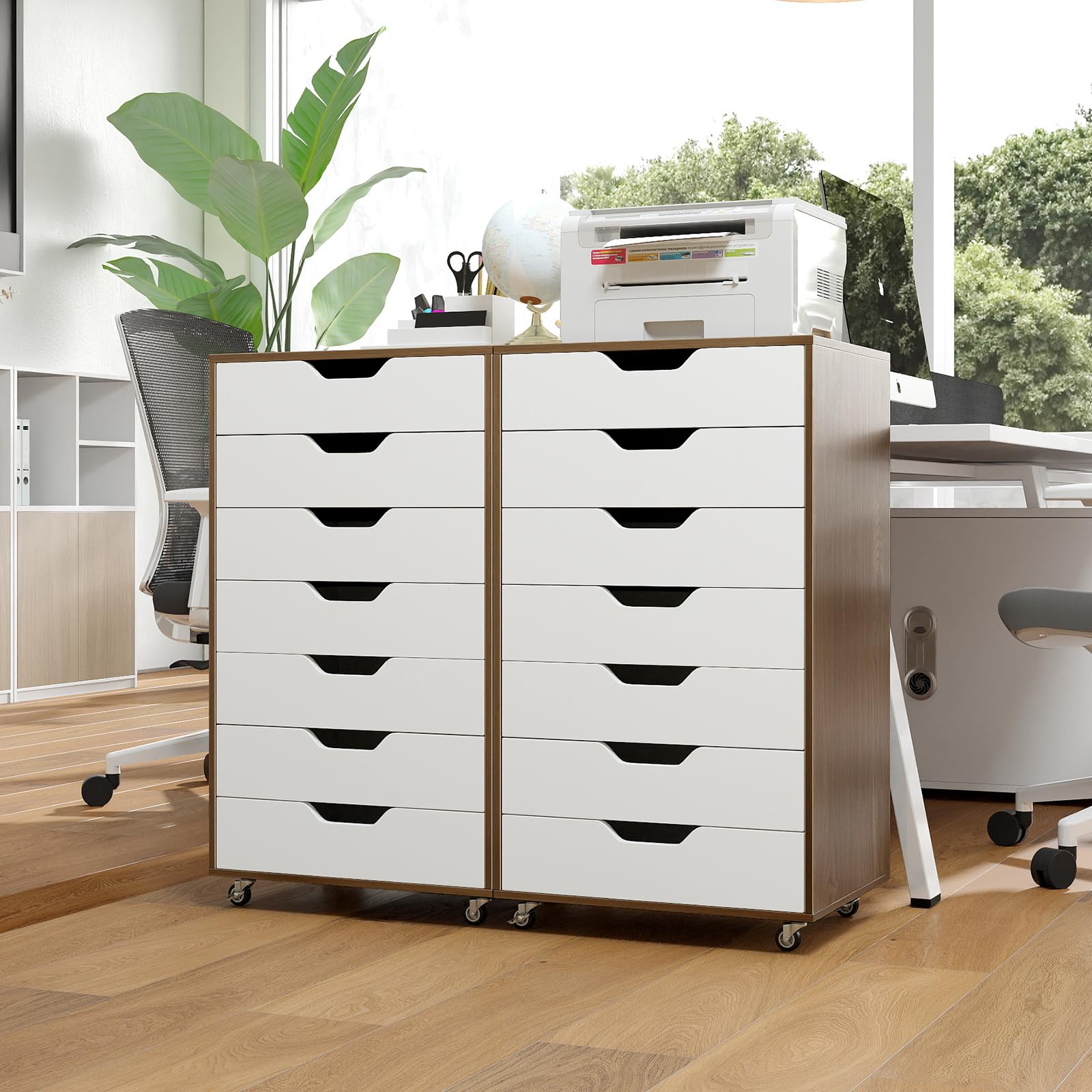 FANTASK Rollcontainer mit 7 Schubladen, Büroschrank Holz auf Rollen, mobiler Aktenschrank, Schubladenschrank für Zuhause Büro (Natur)