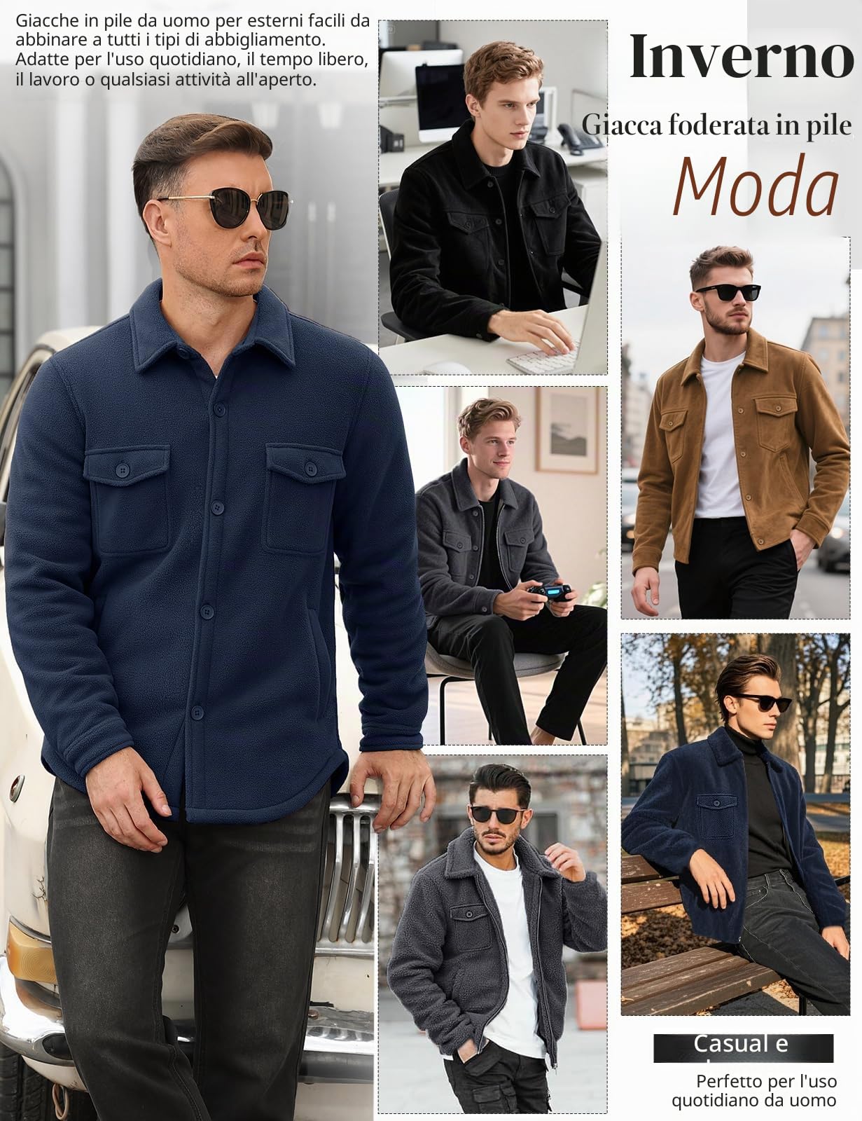 Xnova Giubbotto Invernale Uomo in Pile Termica Giacca da Lavoro Casual Giubbotti Invernali Calda con Risvolto Camicia in Flanella a Maniche Lunghe con Bottone Classico Jacket