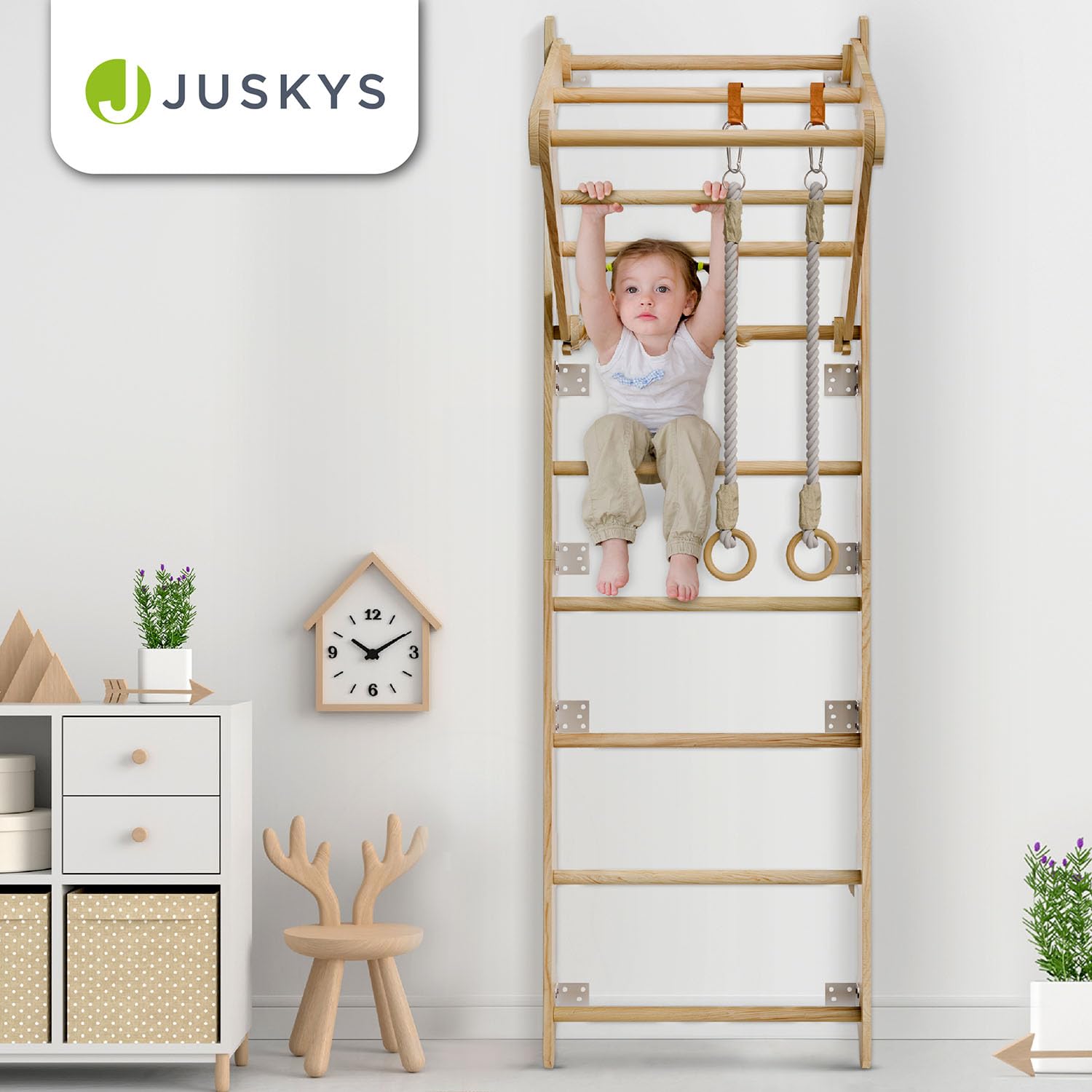 Juskys® Sprossenwand für Kinder - mit Klimmzugstange, Indoor Klettergerüst mit Turnringen und Strickleiter, Kletterwand fürs Kinderzimmer, Turnstange