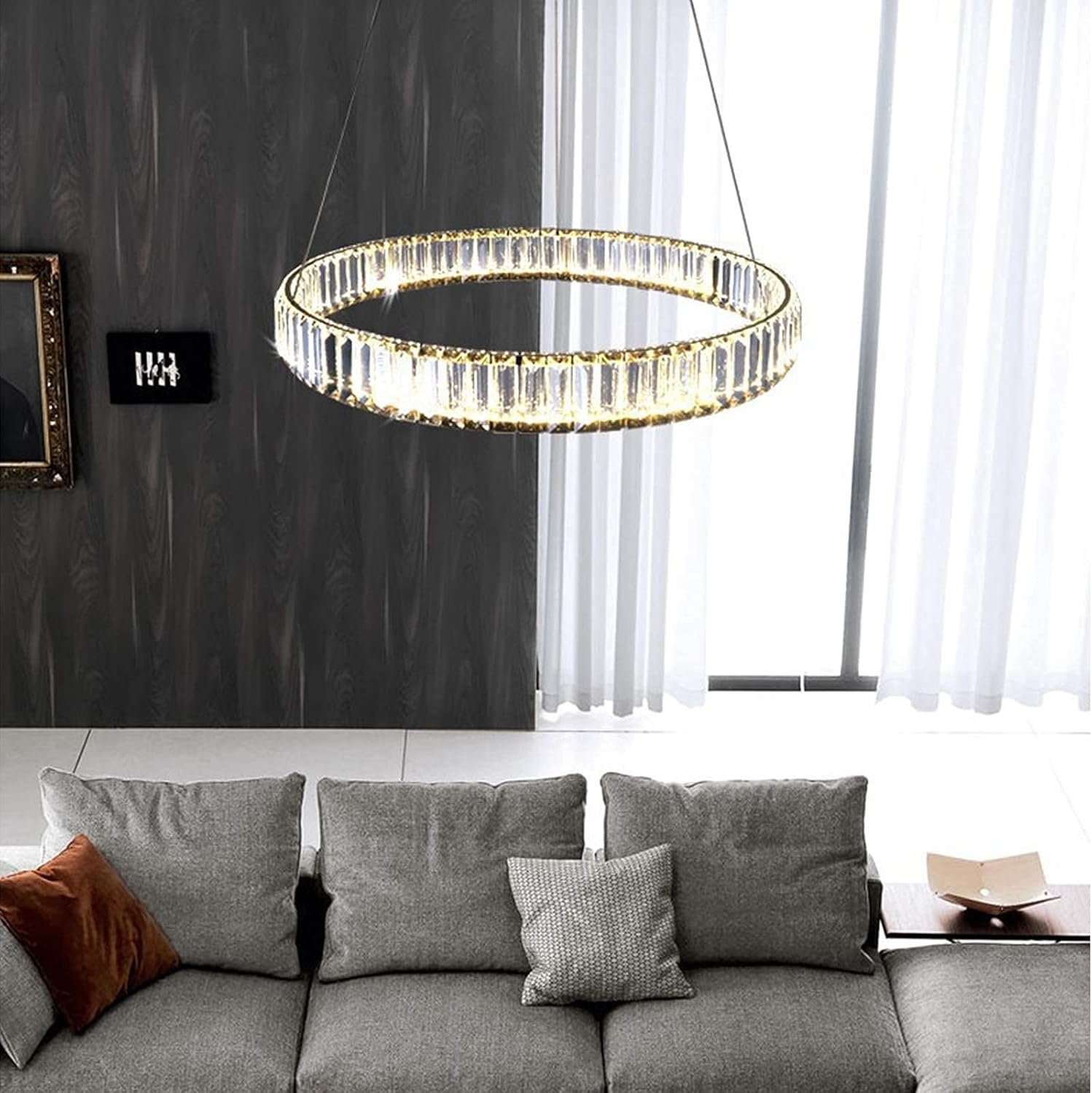 Gold Crystal Chandeliers Dimmable LED Chandelier with Remote Control, 20in Ring Pendant Lighting Adjustable Hanging Ceiling Light Modern Chandelier for Dining Room Kitchen Living Room Bedroom