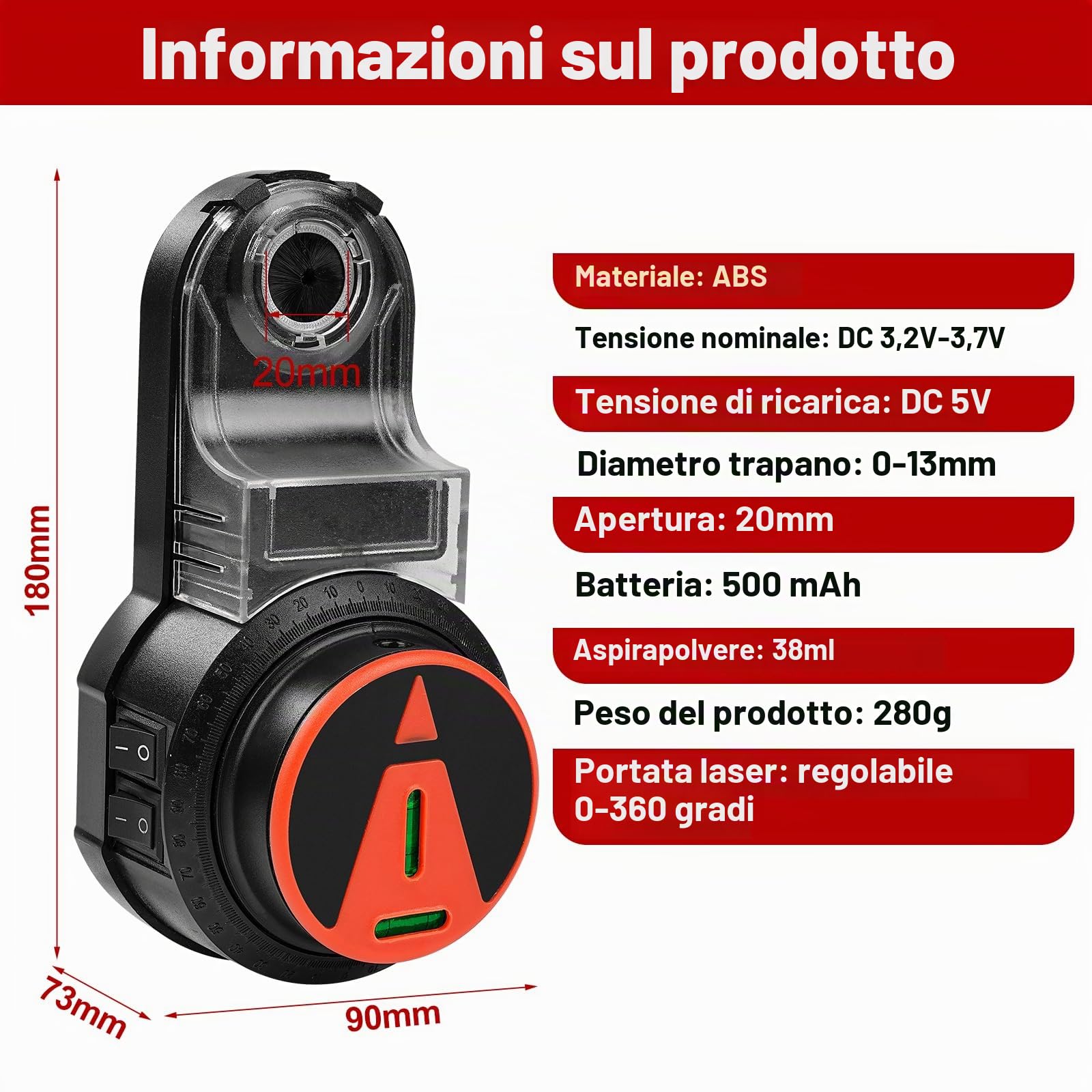 Aspiratore Polvere Trapano, Raccogli Polvere per Trapano, Collettore di polveri con con Livello Laser per Trapano per appendere quadri, dipingere, ristrutturare la casa