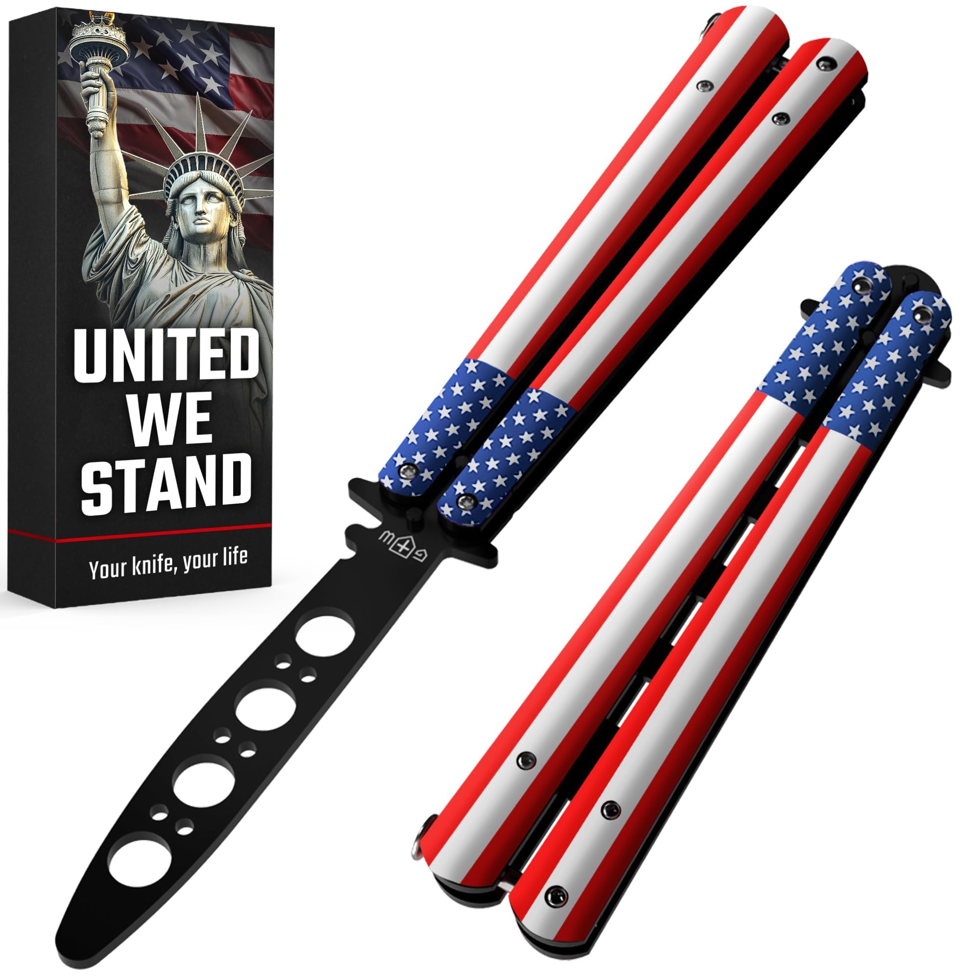Butterfly Knife - Balisong Trainer - American Practice Butterfly Trainer with Sure Spring Latch - Balisong Knives NOT Real NOT Sharp Blade - Full Stainless Steel Fake Dull Trick CSGO Fidget Toy K14 U-N