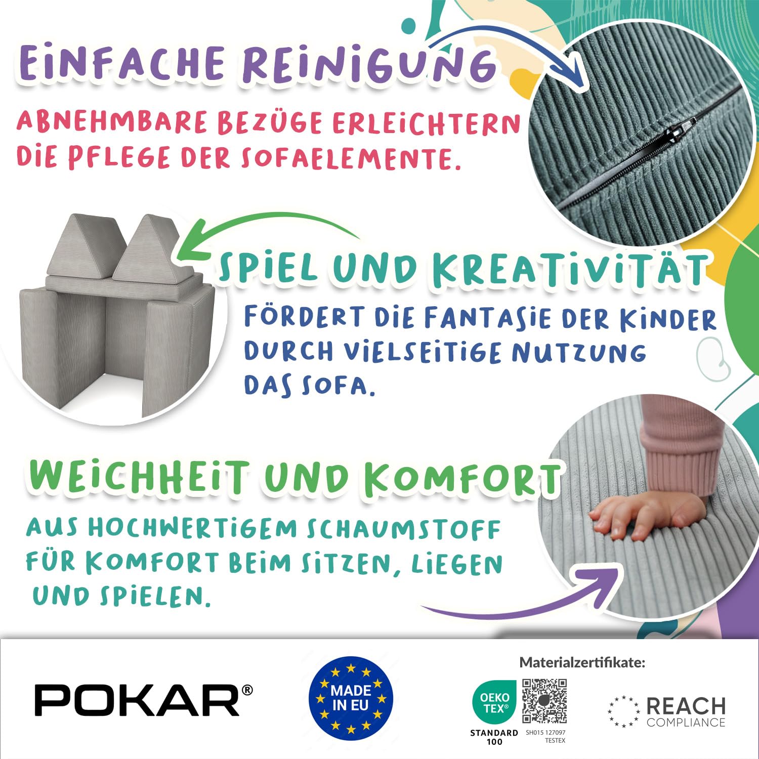POKAR Kindersofa | Spielsofa Cord aus Schaumstoff Bausteinen | Modulares Spielsofa für Kinder | Kuschelecke im Kinderzimmer Kindercouch | Oeko-Tex 100 Zertifiziert | Warmer Karamell