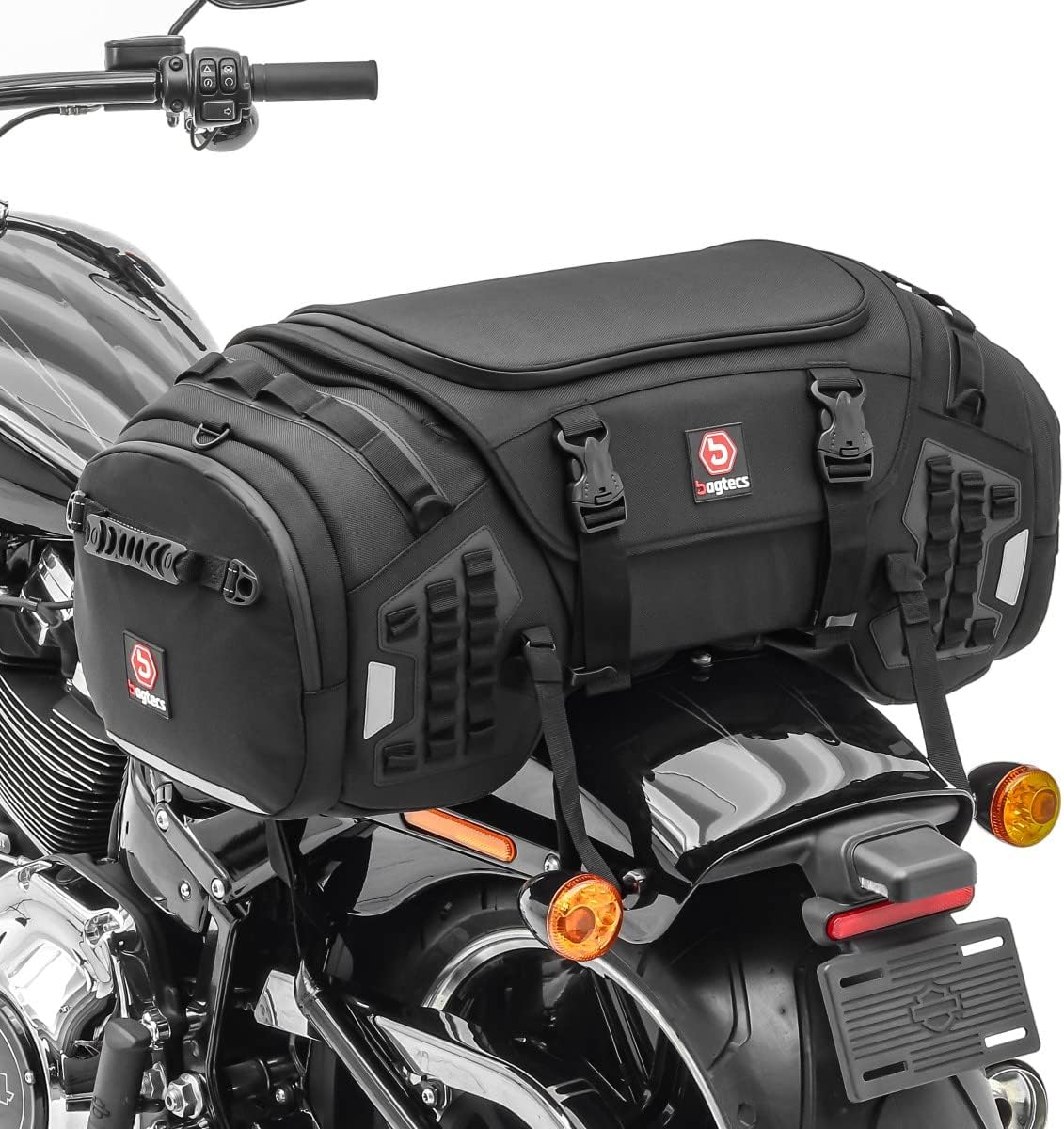 Bagtecs XR65 rear bag mounted on a cruiser-style motorcycle, top-down view.