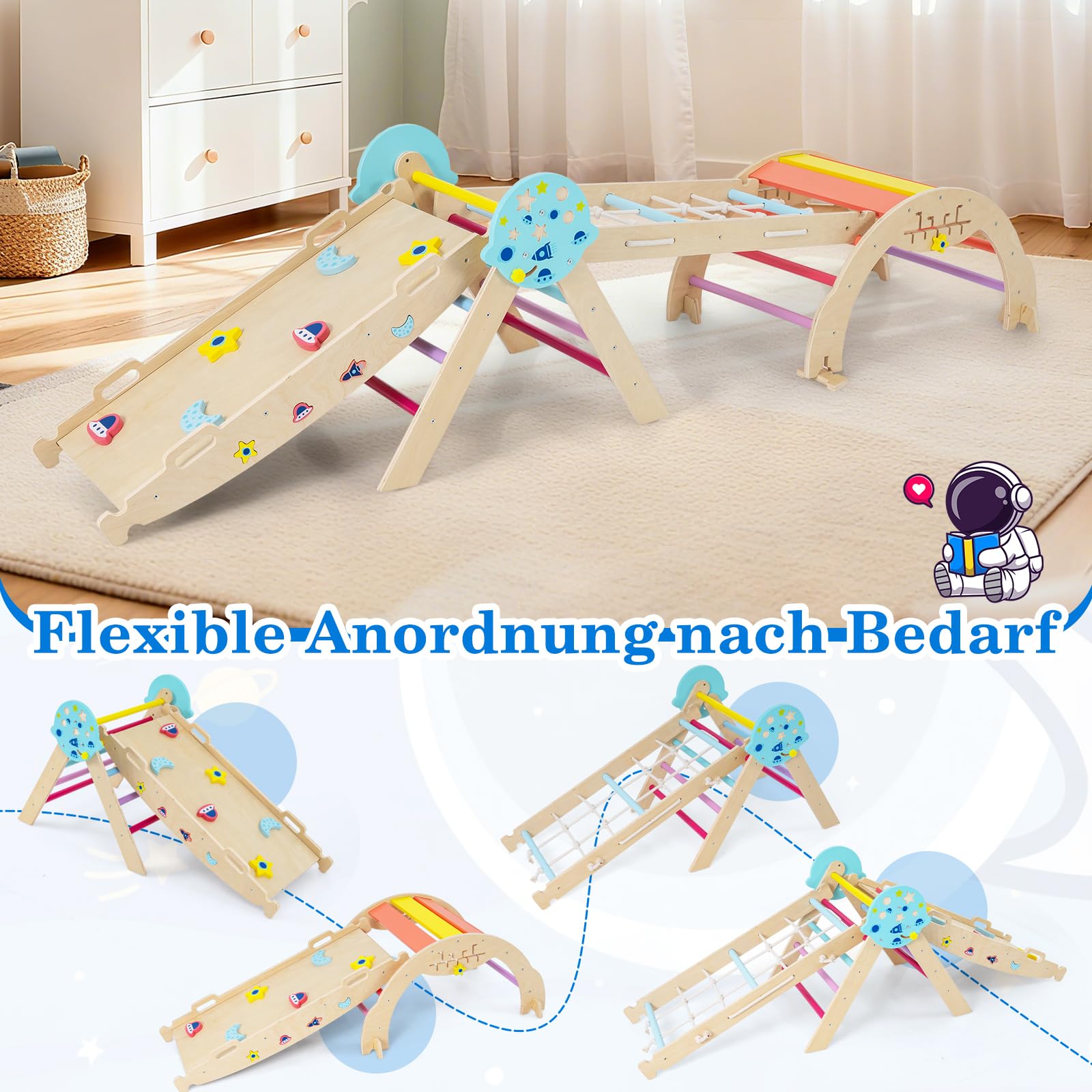 COSTWAY Klettergerüst Indoor 4er Set, klappabres Kletterdreieck mit Rutsche, Kletterbogen, Netz, inkl. doppelseitige Rampe, Baustein Set & 2 Autos, Universum Sprossendreieck Holz für Kinder ab 1 Jahr