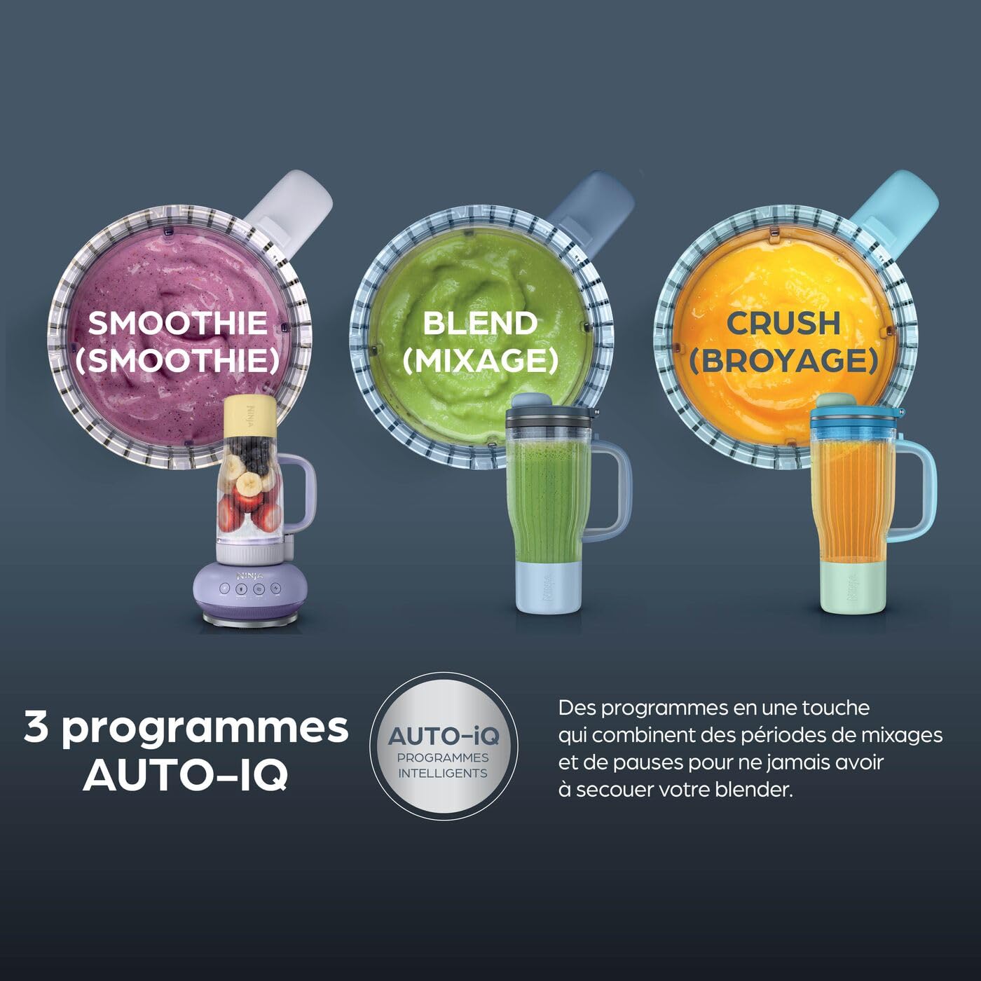 Ninja BlendBoss Blender avec mug portatif, blender personnel avec mug de voyage amovible, 3 modes de préréglages automatiques, Cyberspace DB351EUCY