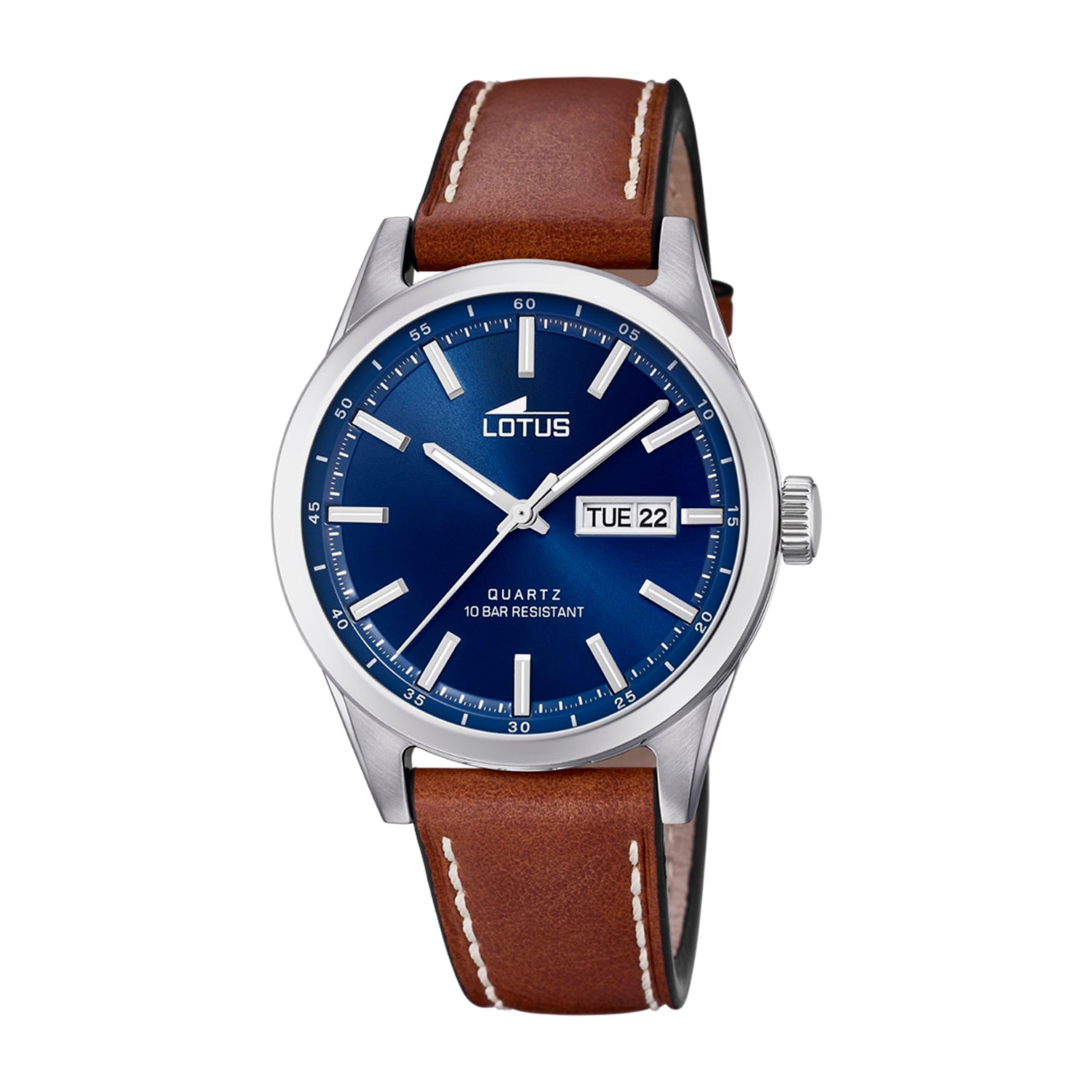 LOTUS Reloj Hombre Analógico de Cuero - Movimiento de Cuarzo - Calendario - Cristal Mineral de Alta Resistencia - Resistente al Agua 10 ATM Clásico
