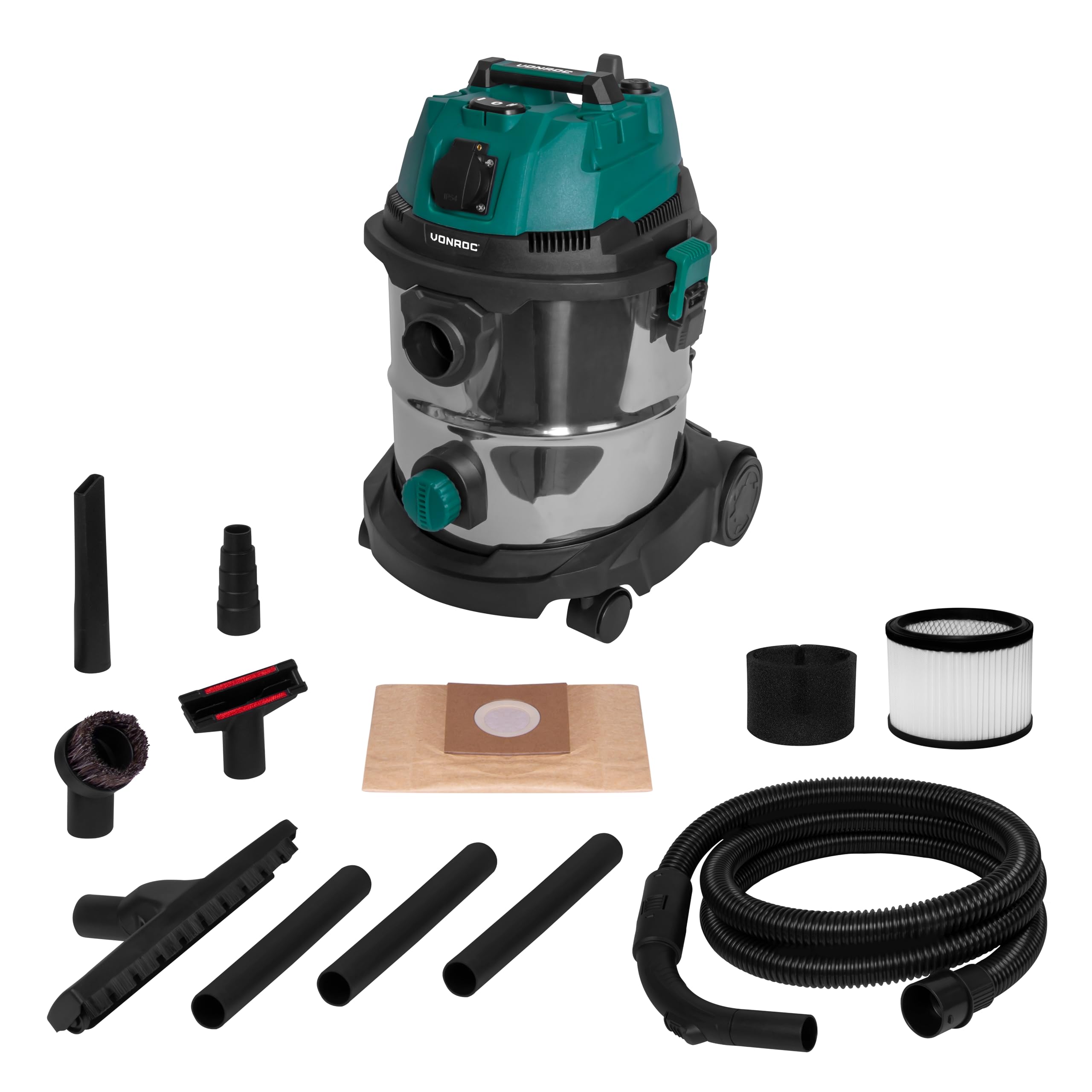 VONROC Aspirateur Eau et Poussière 1400W – Cuve INOX 20L – Fonction Soufflage & Prise Auto-Start 2000W – Filtre HEPA & Éponge – Accessoires Inclus – pour Atelier, Garage, Voiture