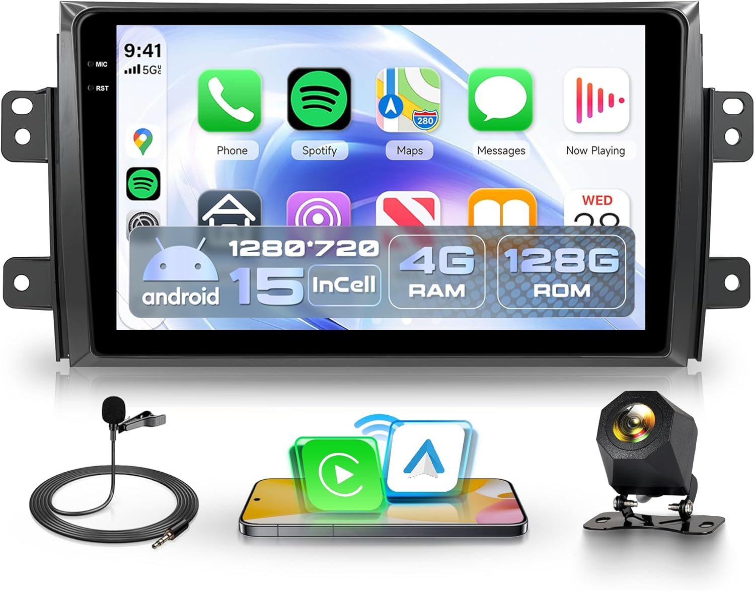 4G+128G Rimoody Car Stereo for Suzuki SX4 2006-2013 Android Car Stereo, Car Radio Wireless CarPlay Android Auto, GPS WiFi 9 Inch INCELL Screen Bluetooth FM/RDS EQ Mirror Link + AHD Backup Camera