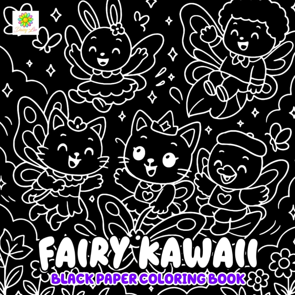 Fairy Kawaii Black Paper Coloring Book: Magical Cute Creatures, and Whimsical Nighttime Scenes on Dark Pages