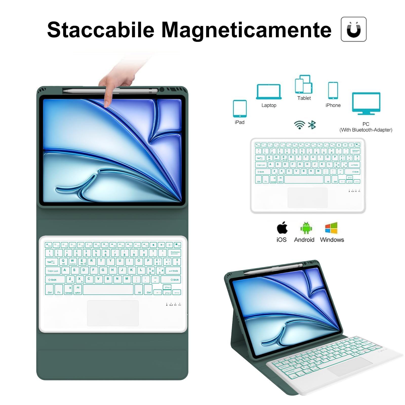 Custodia Tastiera per iPad Air 13 M4 2026/M3 2025/M2 2024 con Touchpad, Bluetooth Magnetica Staccabile, Cover Italiano QWERTY Retroilluminate Tastiera per iPad Air 13 Pollici M4/M3/M2, Verde scuro