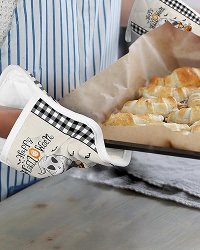 Miniatura 6 de Juego de 2 soportes para ollas de Halloween para cocina, antideslizantes y aislantes de calor, juego de agarraderas de tela de toalla con bolsillo,