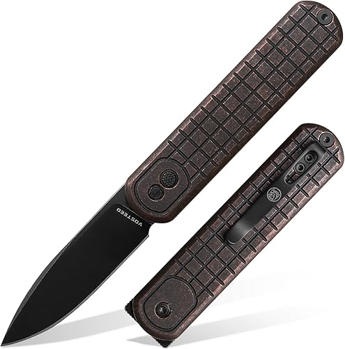 Vosteed Corgi - Navaja de bolsillo pequeña EDC - Hoja de 2.99 pulgadas Nitro-V Black Stonewash - Cerradura patentada Trek Lock, mango de cobre para