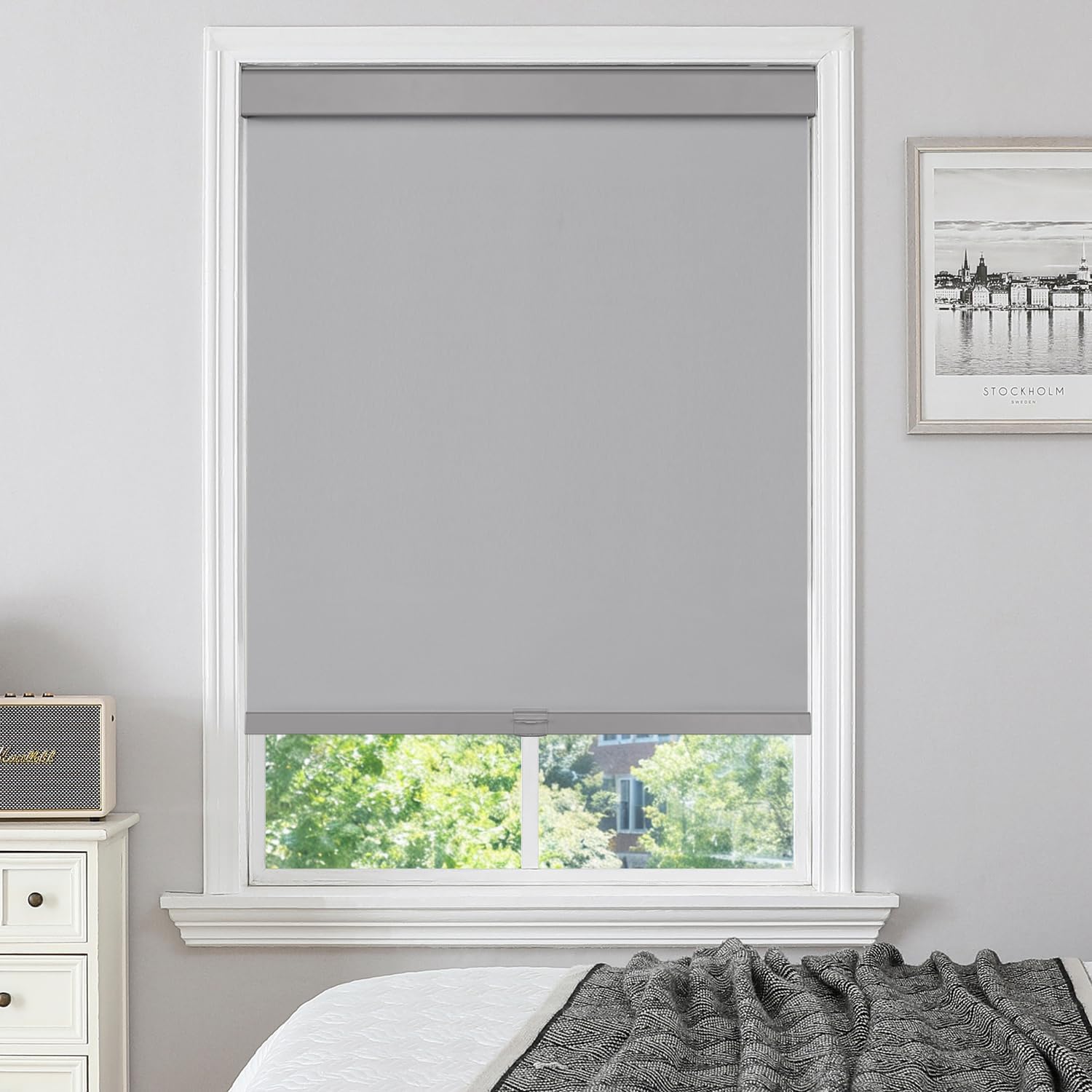 Cordless Blackout Roller Shades for Windows & Doors, Free-Stop Shades with Valance, UV Protection, Thermal Insulated Window Blinds for Home, Bedroom, Office, Gray, 34" W x 72" H Drill Cordless-gray 34"W x 72"H
