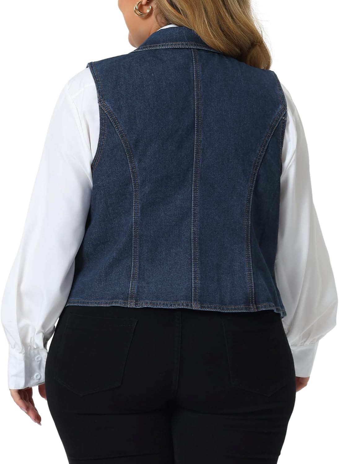 Agnes Orinda Plus Size Denim Vest for Women Lapel Sleeveless Casual Waistcoat Jean Vest Jacket - Image 4