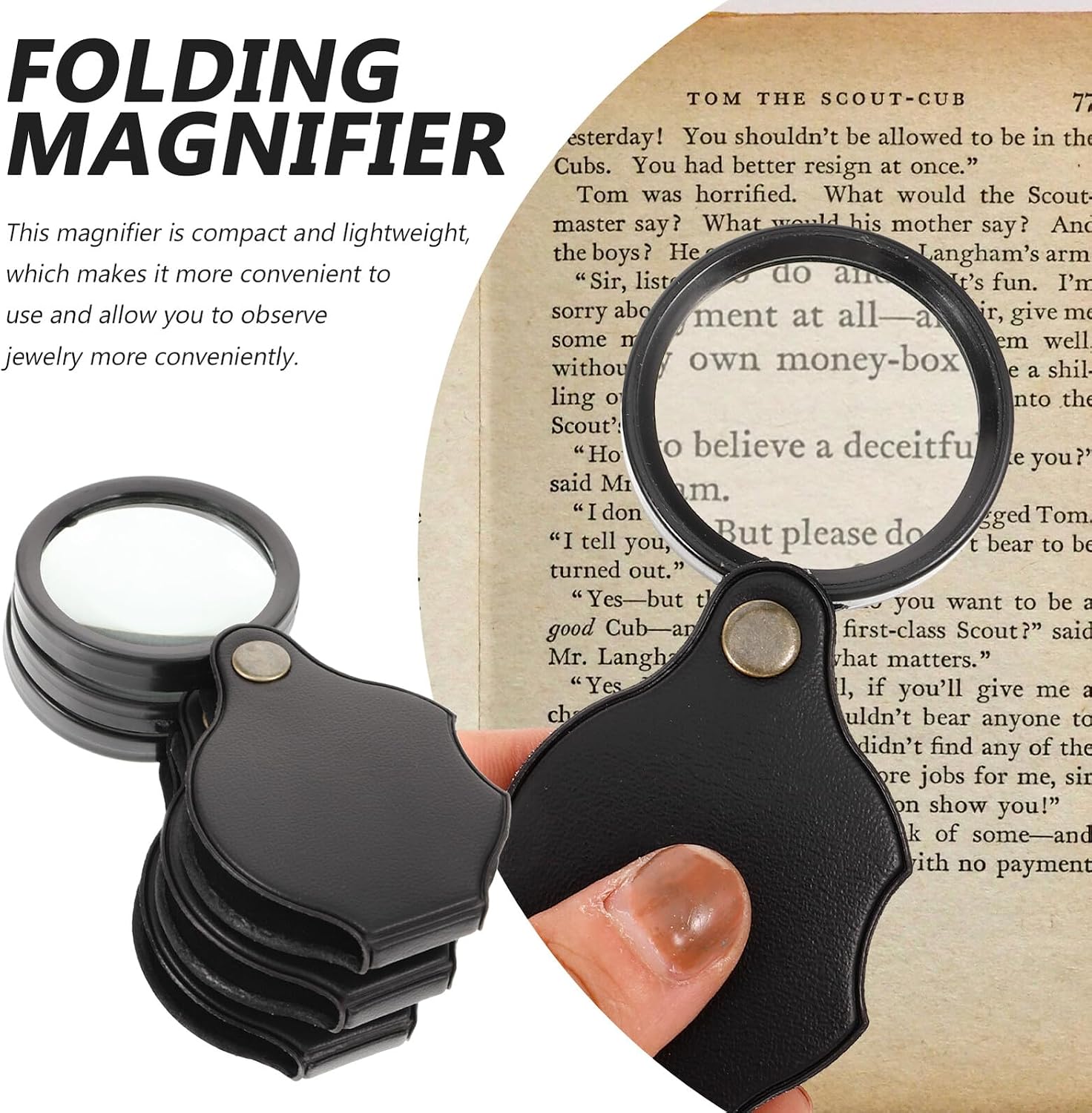 12pcs 10x 50mm Folding Pocket Magnifier with Leather Case, Mini Jewelry Watch Repairing Loupe, Portable Small Hand Magnifier for Jewelry Inspection and Travel