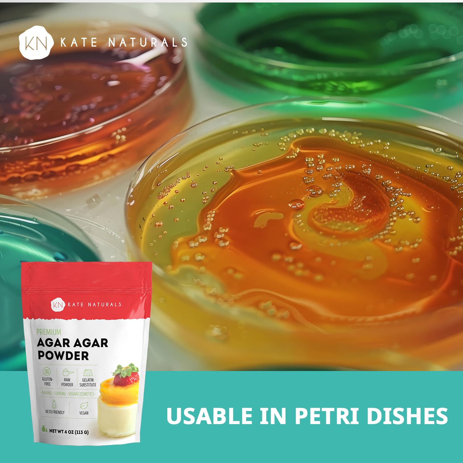 Agar Agar Pulver für Veganer und Backen von Kate Naturals Vielseitiger Verdickungsmittel & Gesunder Gelatinersatz Keto-freundlich, nicht-GVO, glutenfrei, geruchloses Pulver 118 ml
