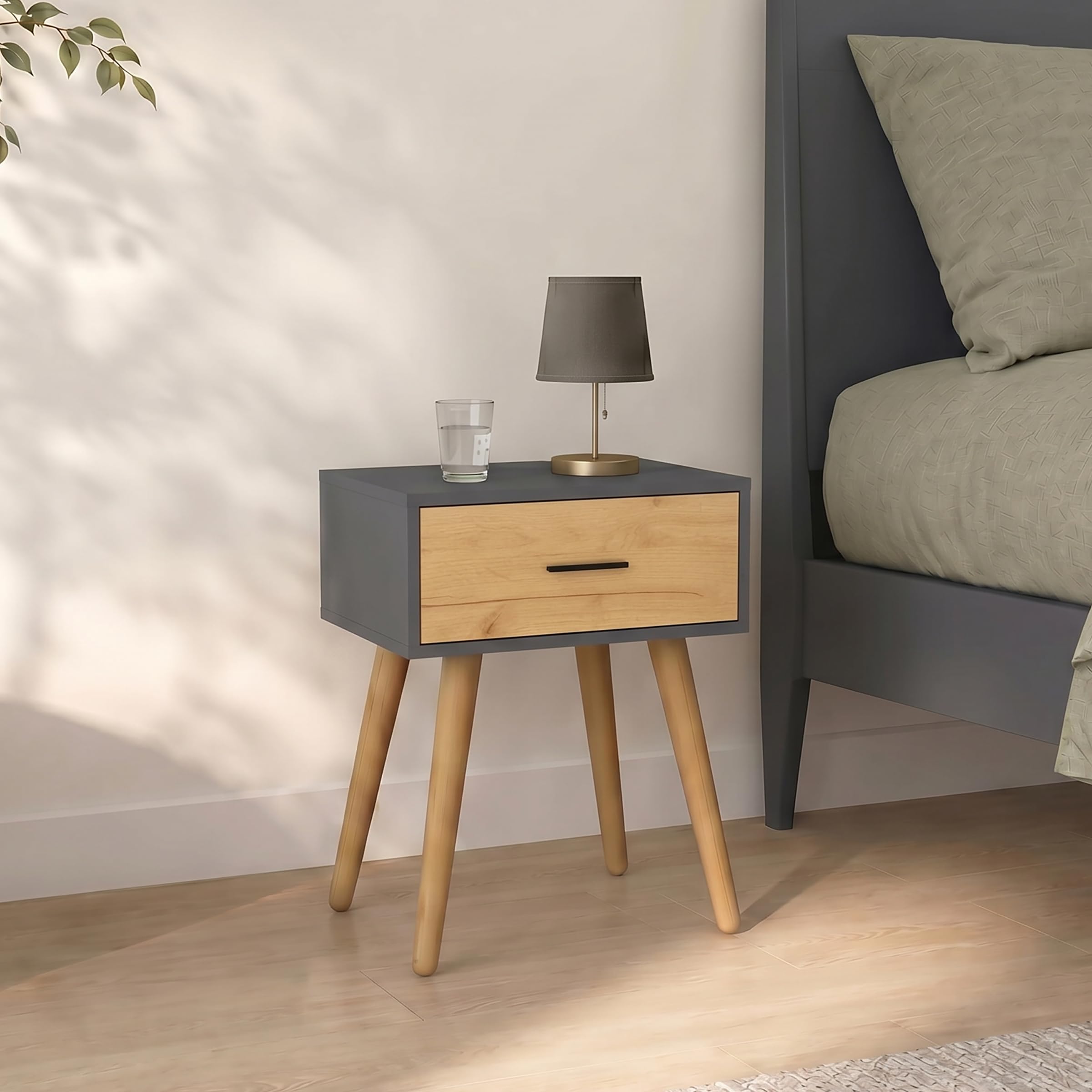 VCM Beistelltisch Nachttisch mit Schublade, 45 x 30 x 56 cm, Holzoptik, modernes Retro-Design - Singol L Anthrazit/Honig-Eiche