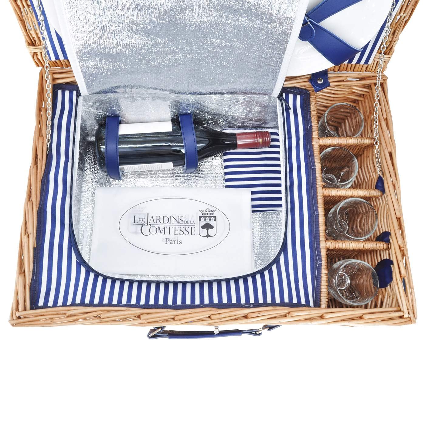 Les Jardins de la Comtesse - Panier Pique-Nique Fontainebleau en Osier - 4 Personnes - Glacière Isotherme/Assiettes Céramiques/Verres à Vin en Verre - Tissu Rayures Verticales Bleues- 50 x 36 x 22 cm