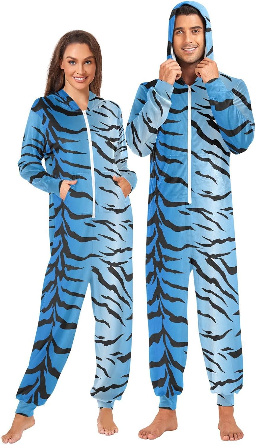 Adult Onesie Pajamas for Men Women Blue Tiger Costume Black Stripes Pattern One-Piece Hooded Sleepwear Jumpsuit XS-3XL