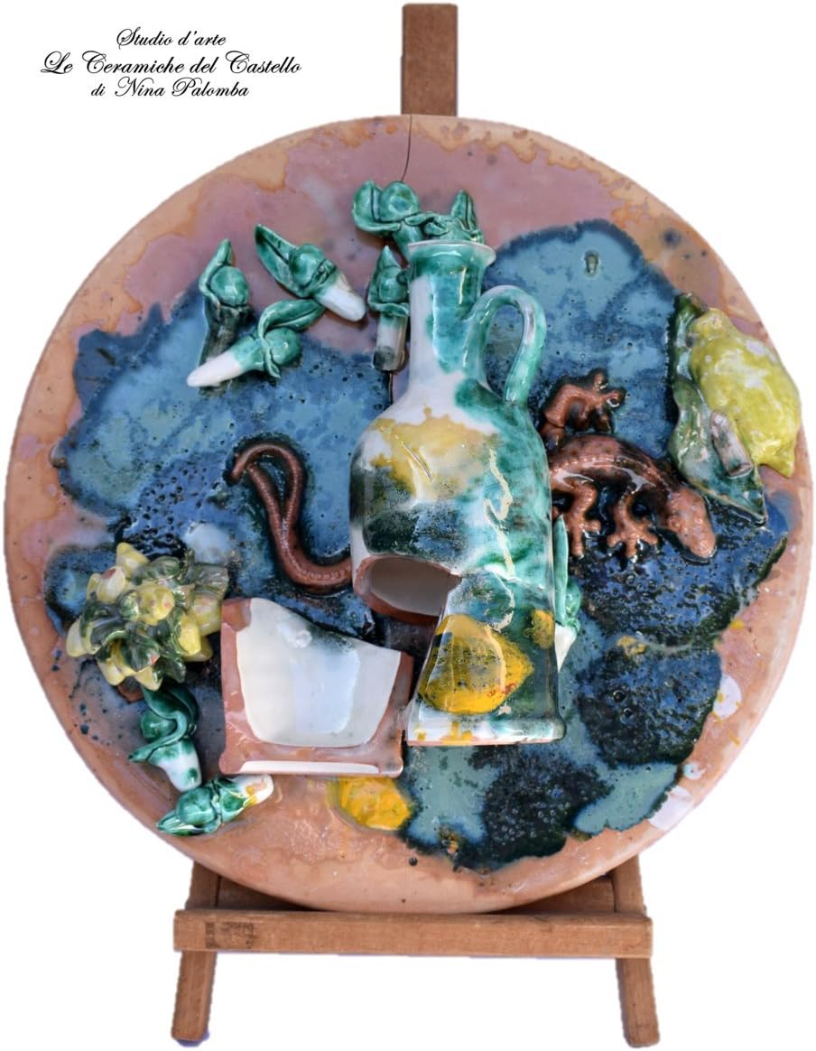 Decorative Wall Plate Lemon Olive Unique Manufact Handmade Le Ceramiche del Castello 100% Made in Italy Dimensions: 40 x 40 cm