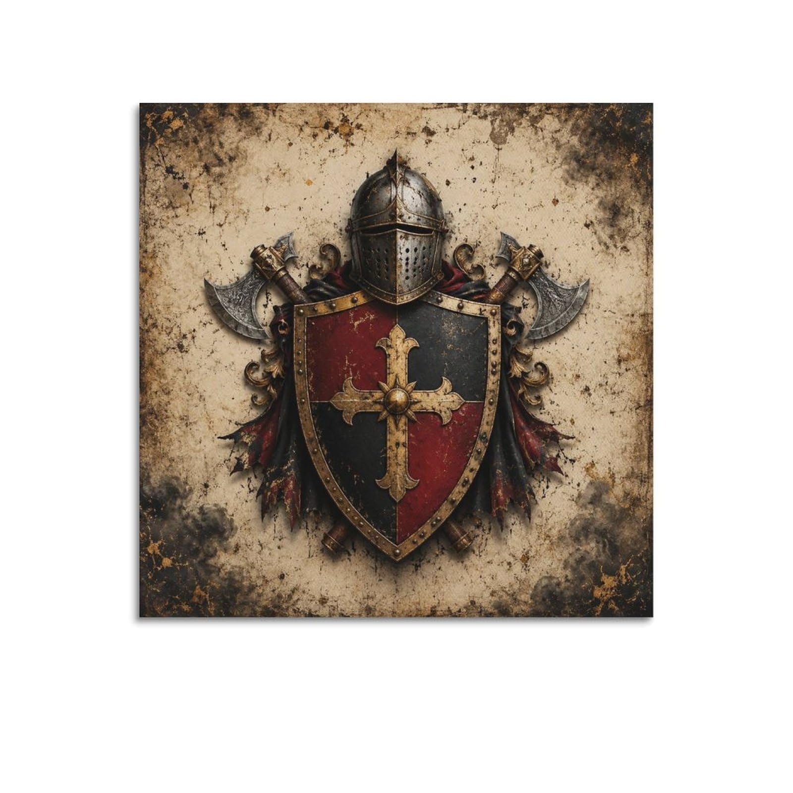 XKUGA Heraldic Shield Poster Axes Templar Cross Medieval Crest Modern Decorative Canvas Prints - Ideal Wall Art for Family, Man Cave, Game Room, Boys & Girls Bedroom 12x12inch(30x30cm)