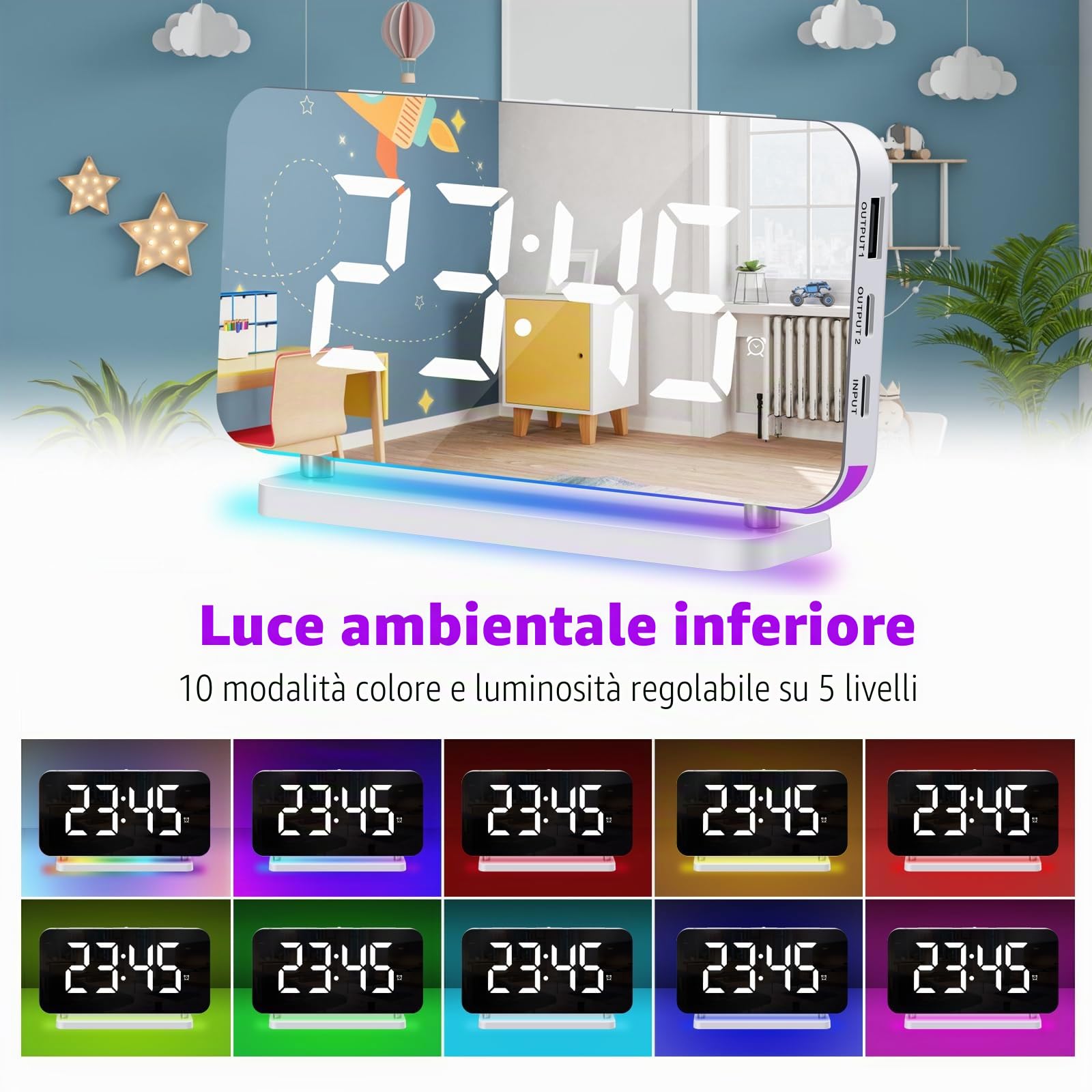 Orologio digitale con luce notturna, sveglia colorata, 10 RGB, luce atmosferica, 5 livelli di volume, dimmer auto, doppia uscita, orologio da comodino per dormire, bianco