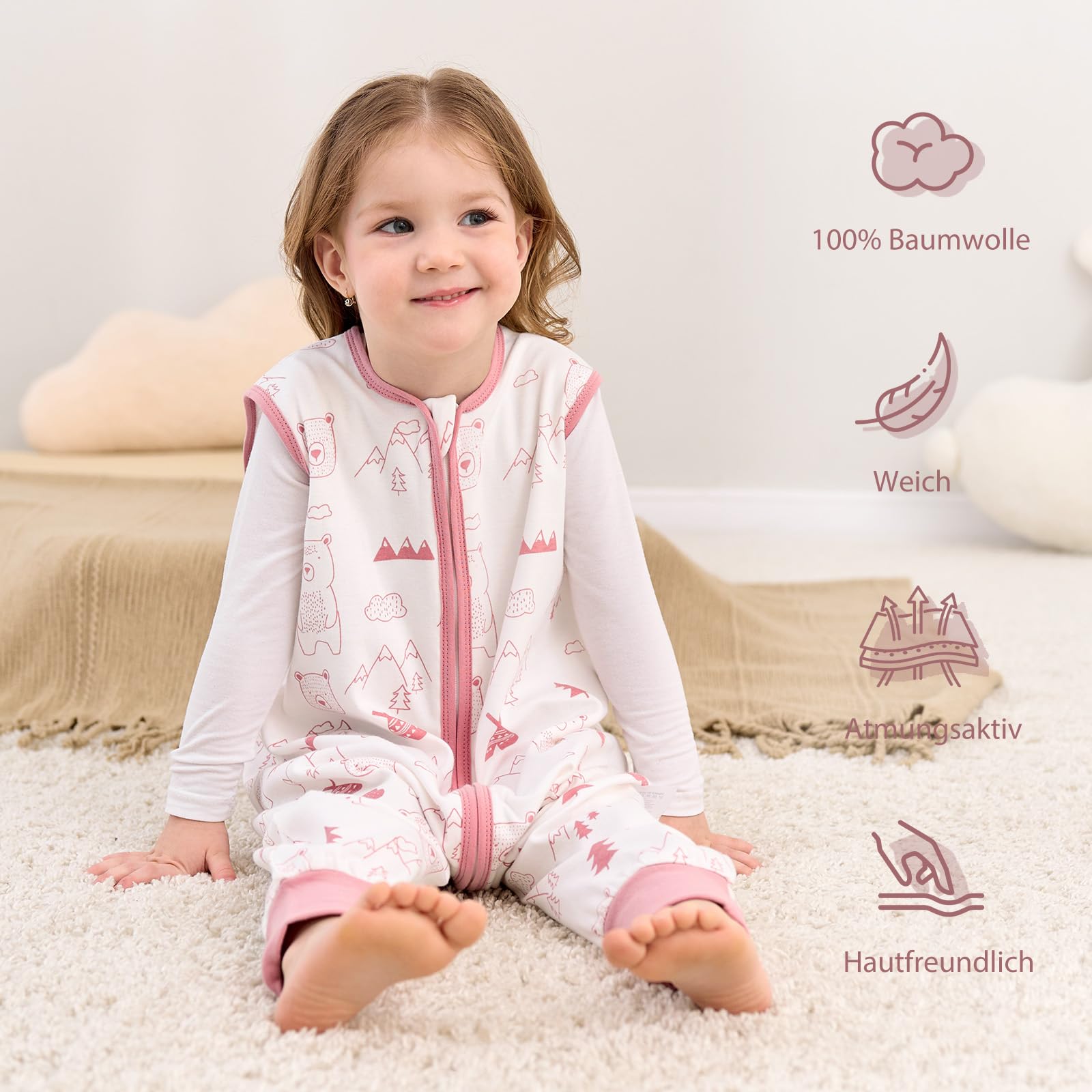 Looxii Pack de 2 Saco de Dormir bebé con Pies 0.5 TOG Algodón sacos de dormir de verano para 6-18 Meses Niños Niñas 70 cm Oso Rosa — view 2