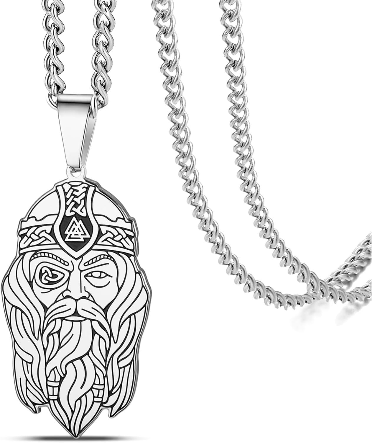 GYFGRTQ Norse Viking God Odin Head Pendant Stainless Steel Necklace with Valknut Celtic Knot Protection Amulet Jewelry Gift for Men Women, Silver 2