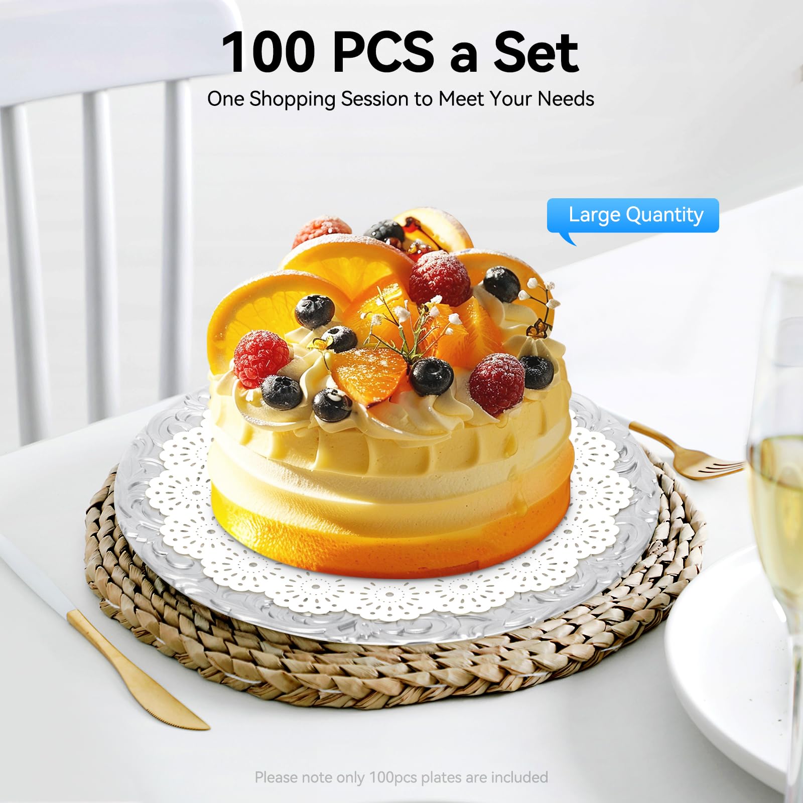 100 sztuk srebrnych okrągłych talerzy dekoracyjnych i spodków na wesele, Boże Narodzenie, imprezę lub do restauracji, 33 cm PP podkładki z wypukłą krawędzią