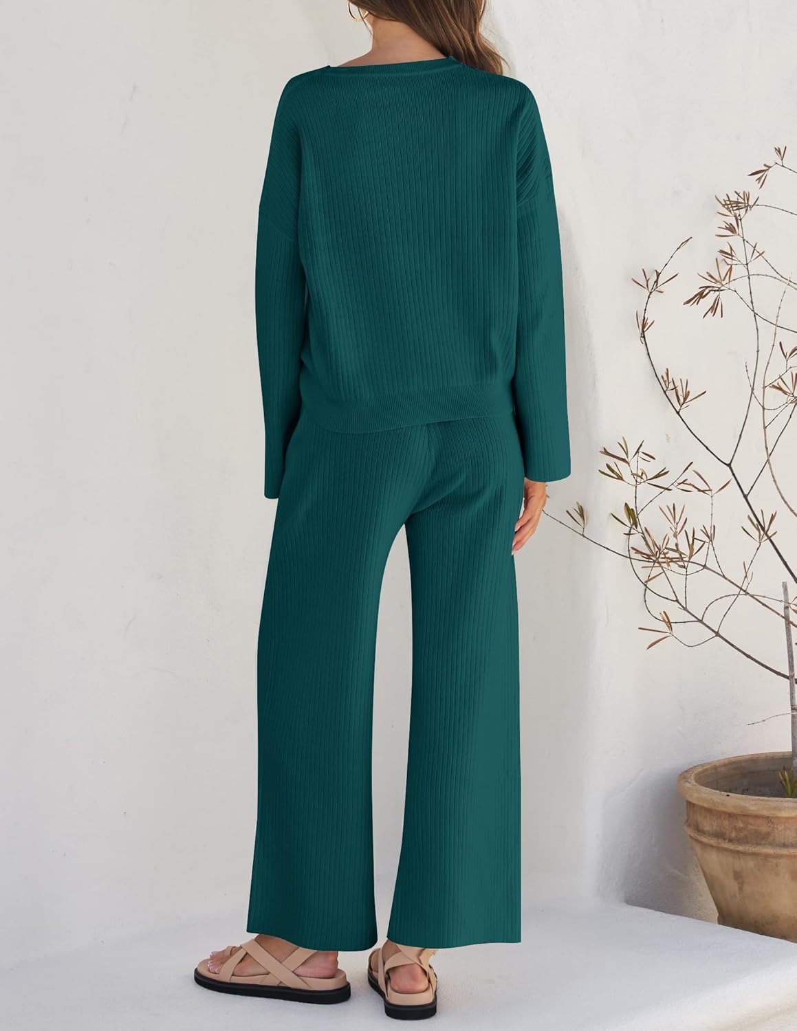 ZESICA Women's 2 Piece Outfits Set 2026 Casual Long Sleeve Knit Pullover Top and Wide Leg Pants Sweatsuit Lounge Sets