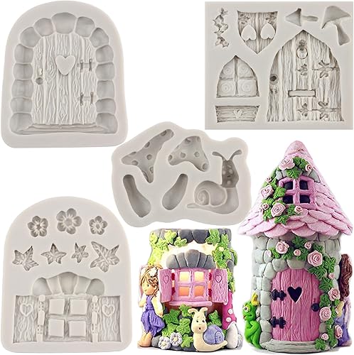 Sijiangmold Moldes de silicona encantados para jardín, hadas, gnomo, puerta de casa, ventana, molde de fondant para caracol, hongos, fondant, para