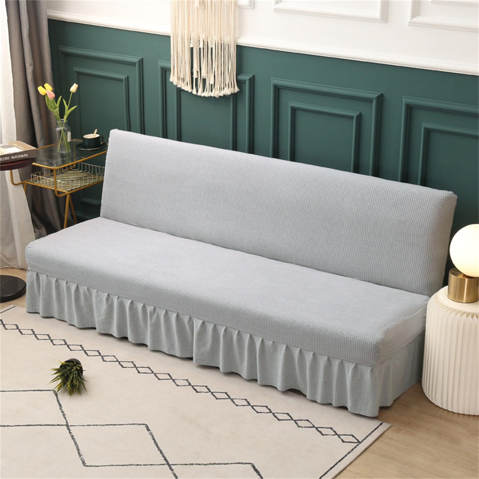 Odot Armless Sofa Bed Cover With Skirt, Jacquard Sofa Cover 3/2/1 Seater, Stretch Sofa Slipcovers, Washable Non Slip Universal Sofa Cover, Folding Sofa Bed Slipcover (S(47-59Inch),Silver)