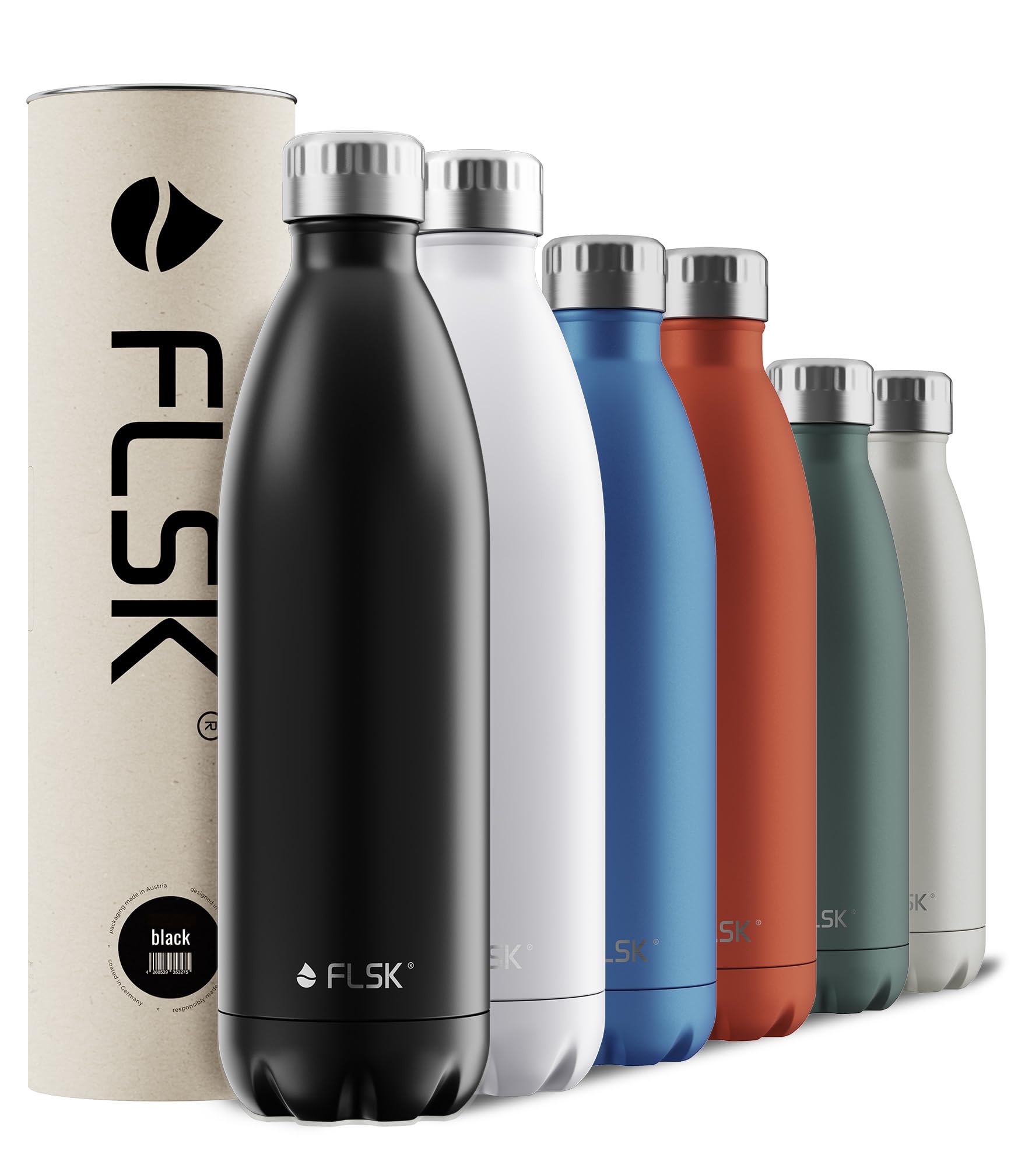 FLSK Botella de acero inoxidable Next Gen Essentials (500 ml, 750 ml, 1000 ml) – resistente, resistente al carbón y apta para lavavajillas, incluye embalaje sin árboles