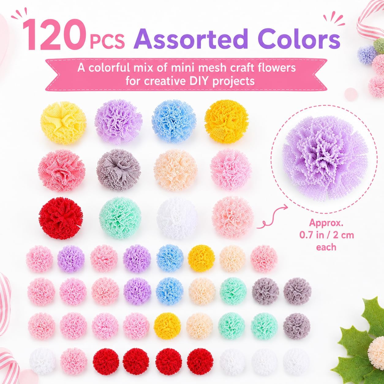 EXCEART 120PCS Mini Mesh Craft Flowers: 0.7 Inch Mixed Color Lace Tulle Embellishments for Hair Bows, Sewing, Scrapbooking, Wreath Making, Party Decor and DIY Decoration