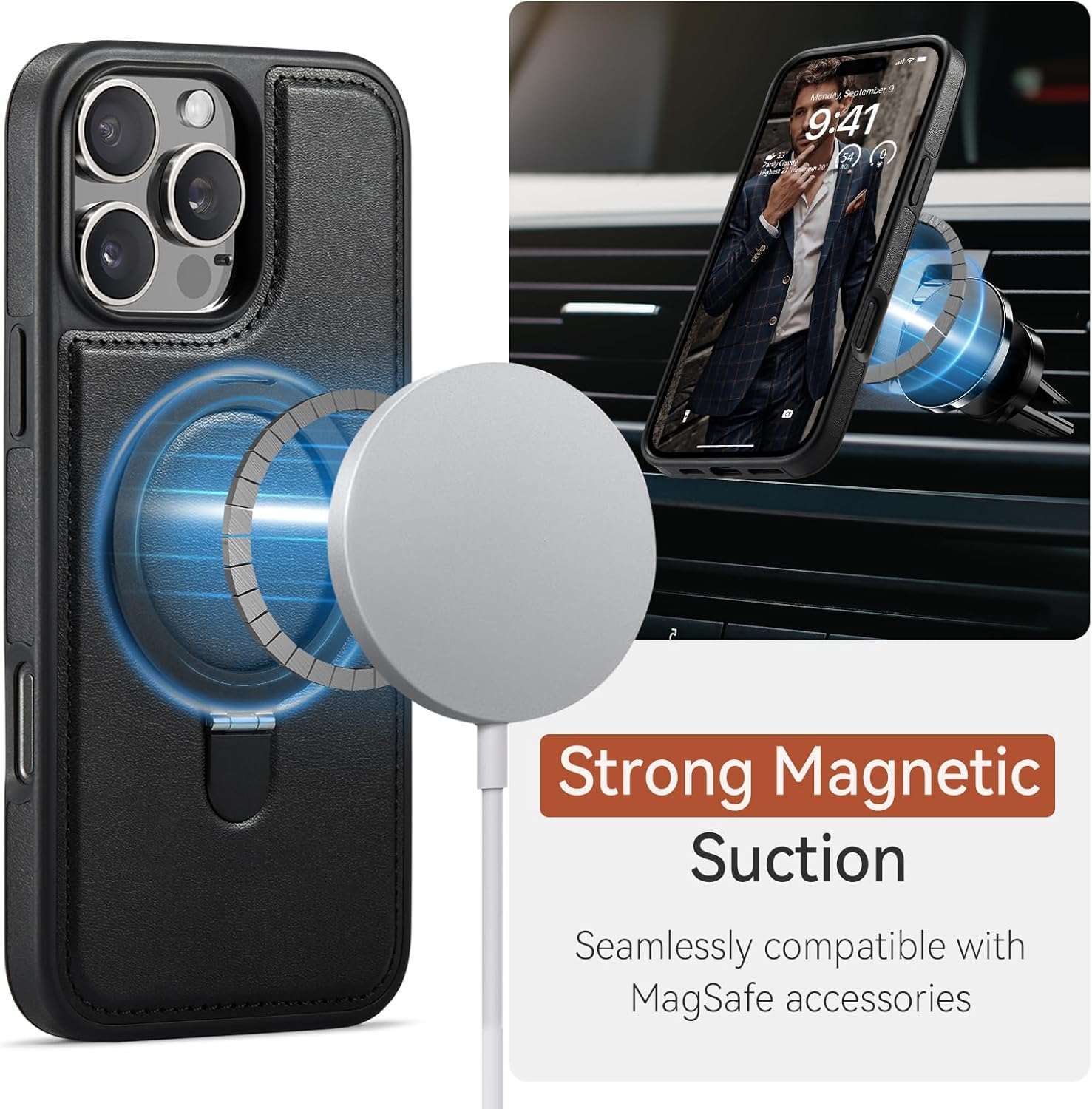 for iPhone 16 Pro Max Case with Stand Compatible with Magsafe Slim PU Leather & Rubber Drop Proof Magnetic Kickstand Protective Phone Cover with Tempered Glass Screen Protector 6.9", Black