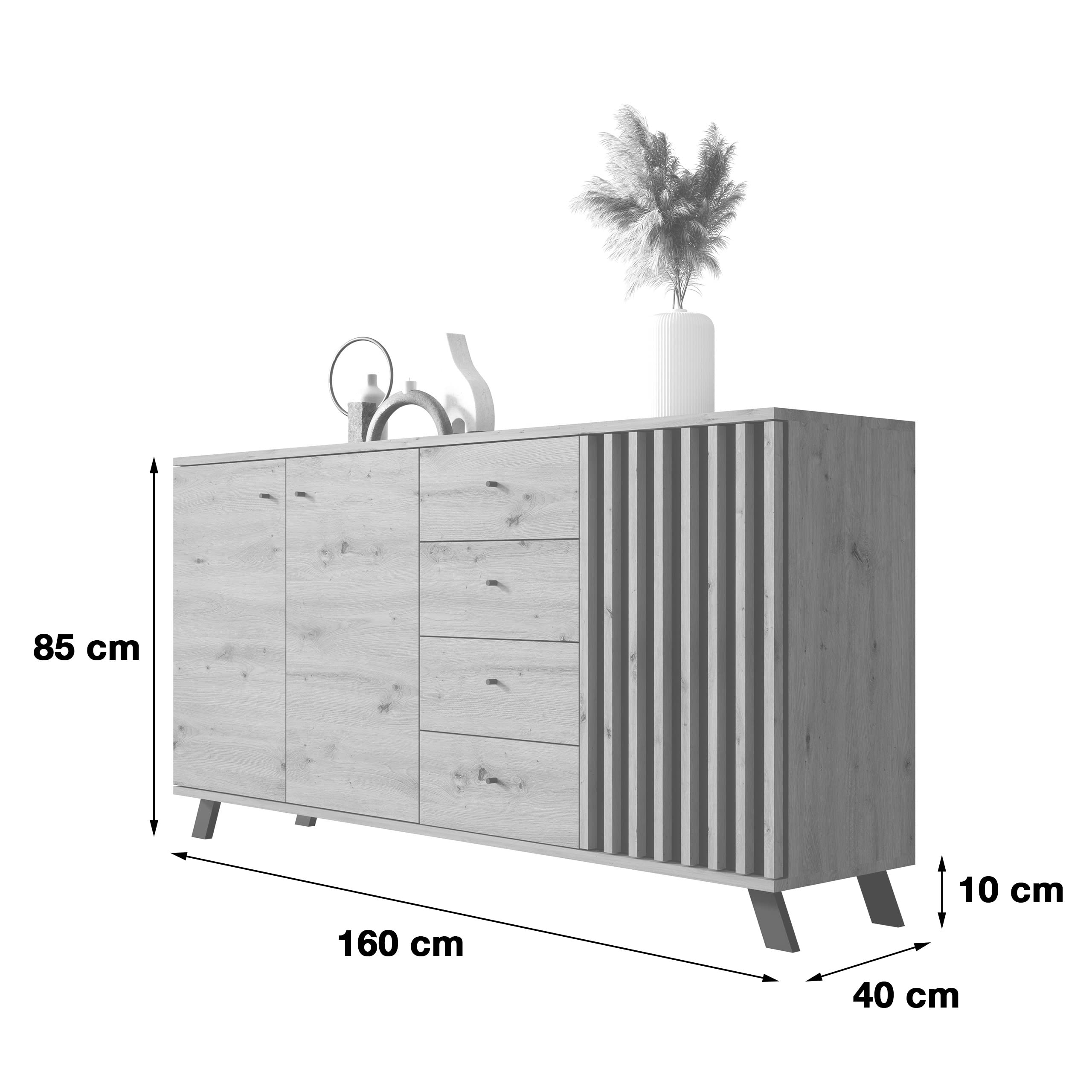 Newroom Sideboard Wildeiche Anthrazit Sideboard Modern Vintage - 160x85x40 cm (BxHxT) - Highboard Anrichte - [Barea.Three] Wohnzimmer Schlafzimmer Flur Esszimmer