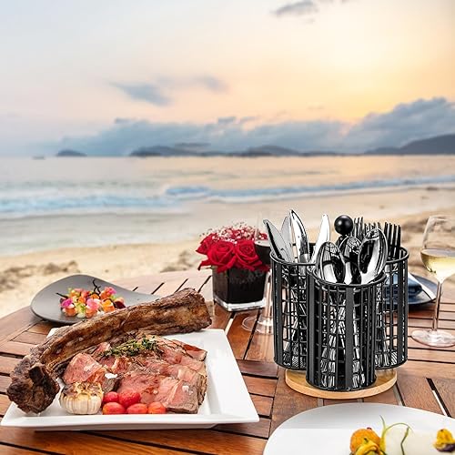 Miniatura 6 de Peohud Organizador giratorio para utensilios, 3 secciones, soporte para cubiertos de encimera, organizador de cubiertos con base de madera para