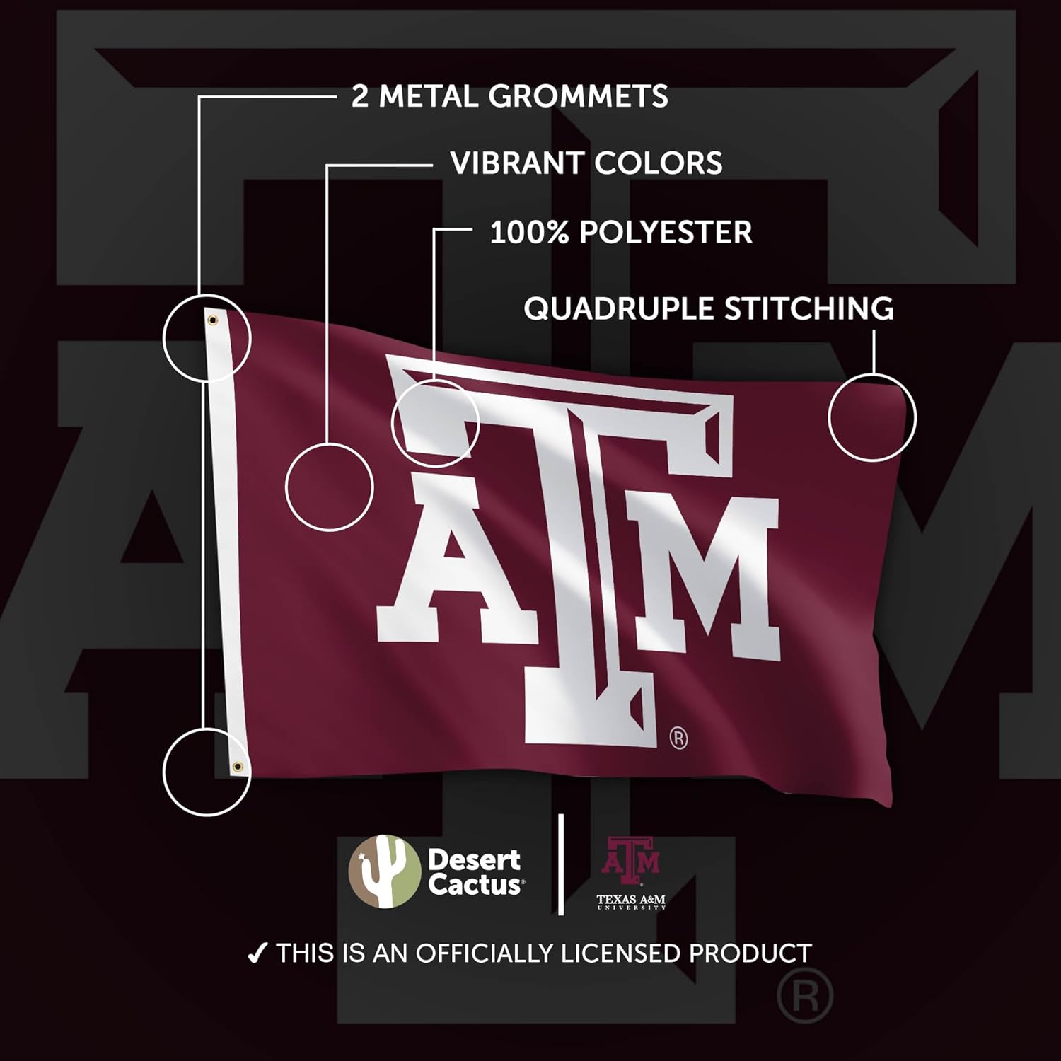Desert Cactus Texas A&M University TAMU Flag - 3 x 5 Feet Aggies Banner, Indoor/Outdoor Durable Fabric, 100% Polyester Design (Style 1) - Image 4