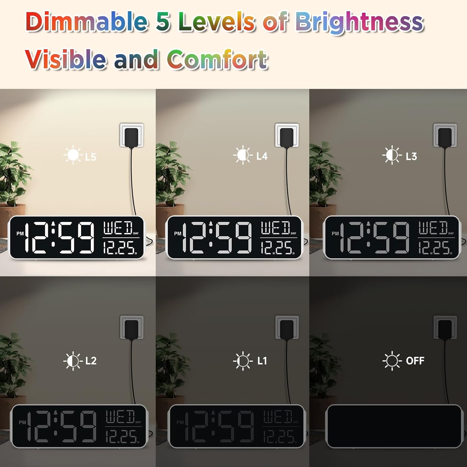 Peakeep Large Display Digital Alarm Clock for Bedrooms, Date Day of Week Desk Table Clocks for Living Room Office, Dimmable Plug in Electric Clock, 5 Volumes, Loud, Auto DST