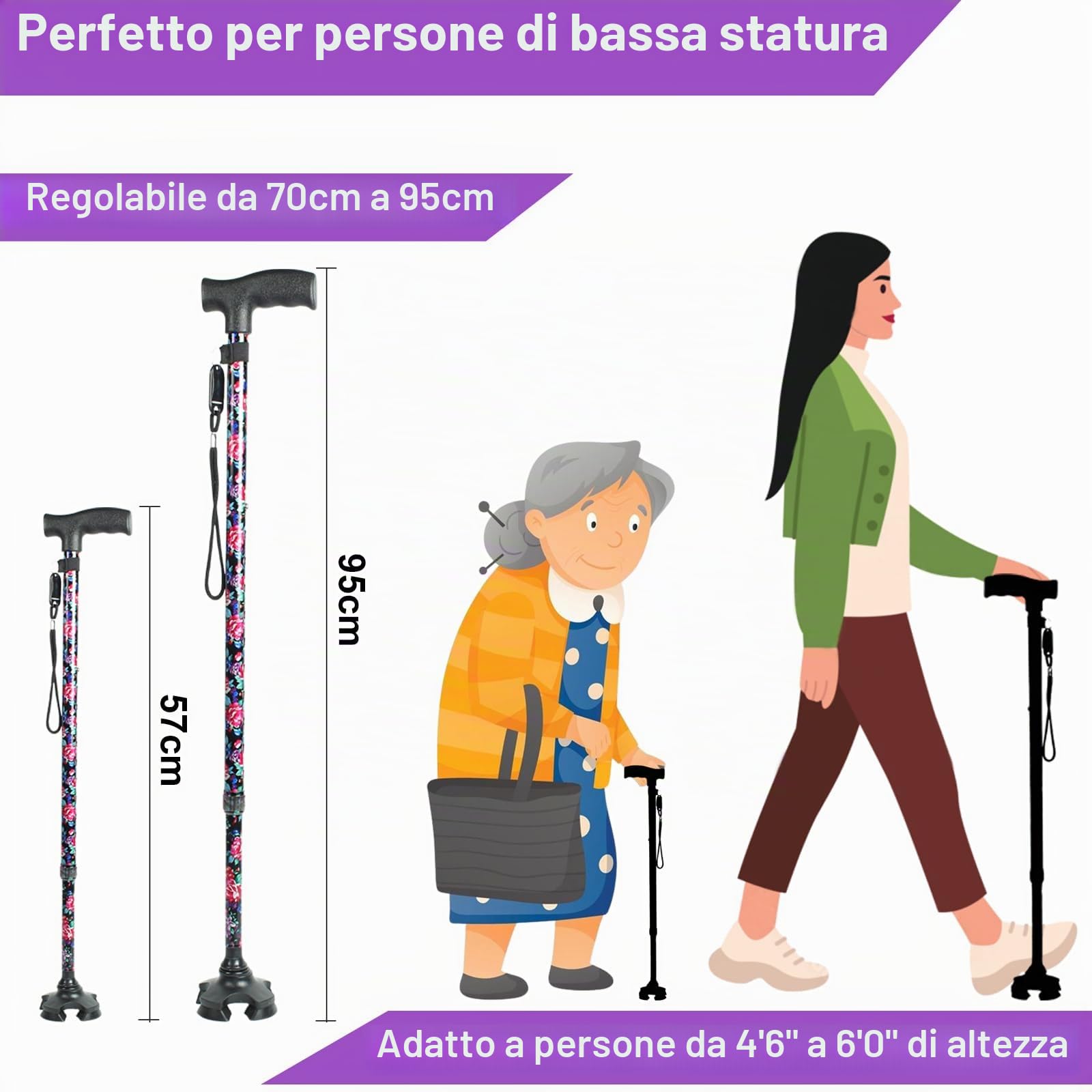 BeGrit Bastone per Anziani Telescopico Bastoni da Passeggio Donna Bastone Tre Piedi per Anziani Regolabile Bacchette per Camminare Autoportante Bastoncini da Passeggio 3 Piedi Regalo per Uomo Anziano
