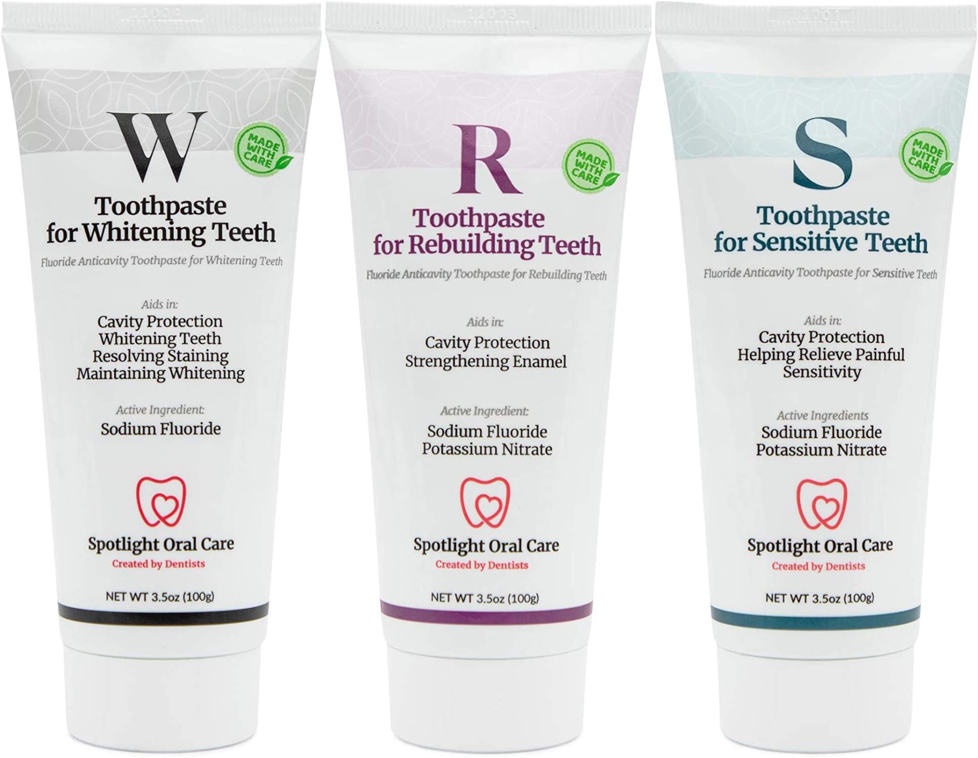 Spotlight Oral Care Whitening, Rebuilding, & Sensitive Toothpastes | Active Ingredients Include Fluoride | Vegan & Gluten-Free | 3 x 100 mL/3.4 fl oz